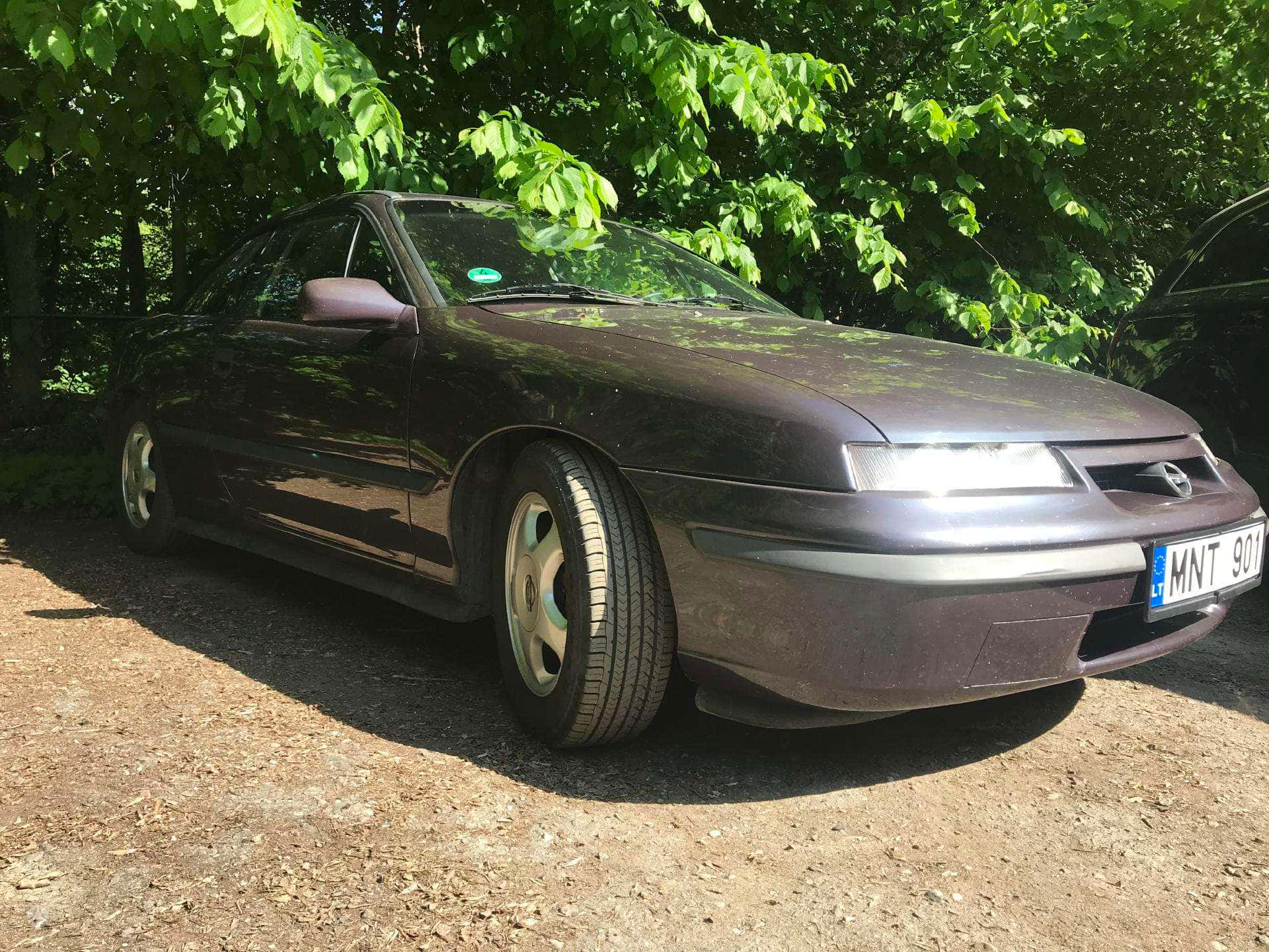 Opel Calibra 桌布 壁紙 — 一輛深紫色歐寶Calibra停放在碎石上，周圍是茂密的綠樹，陽光明媚。