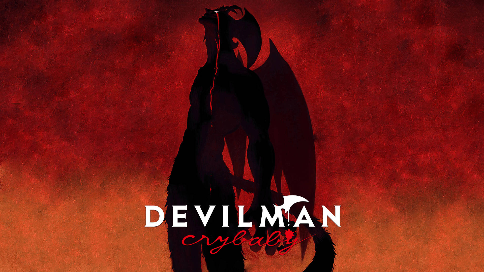 crybaby 桌布 壁紙 — Devilman Crybaby 的黑色剪影站在火紅和橙色紋理背景前，標題重疊在上方。