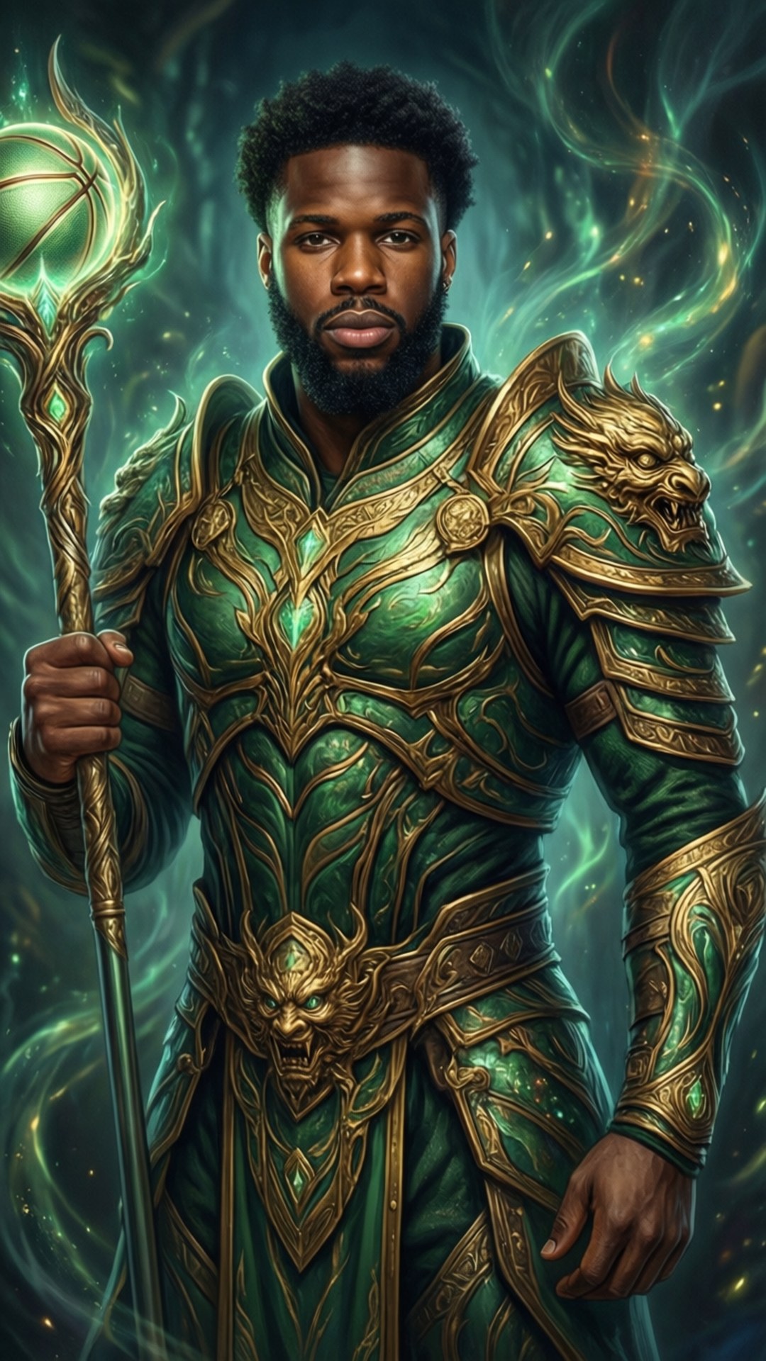Mythic Guardian 壁紙 — 一位深色皮膚的戰士，身穿華麗的綠色和金色盔甲，手持發光法杖，背景是旋轉的神秘綠色。