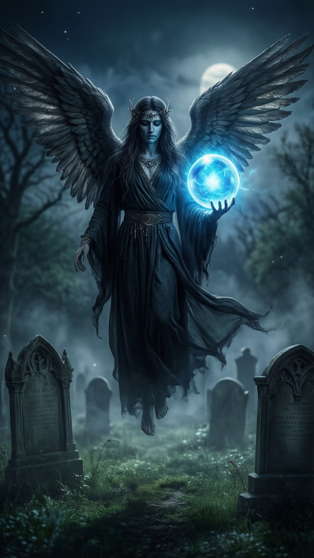 Angel of the Graveyard 壁紙 — 一個黑翼天使漂浮在霧氣瀰漫的墓地上空，在滿月下手持發光的藍色球體。