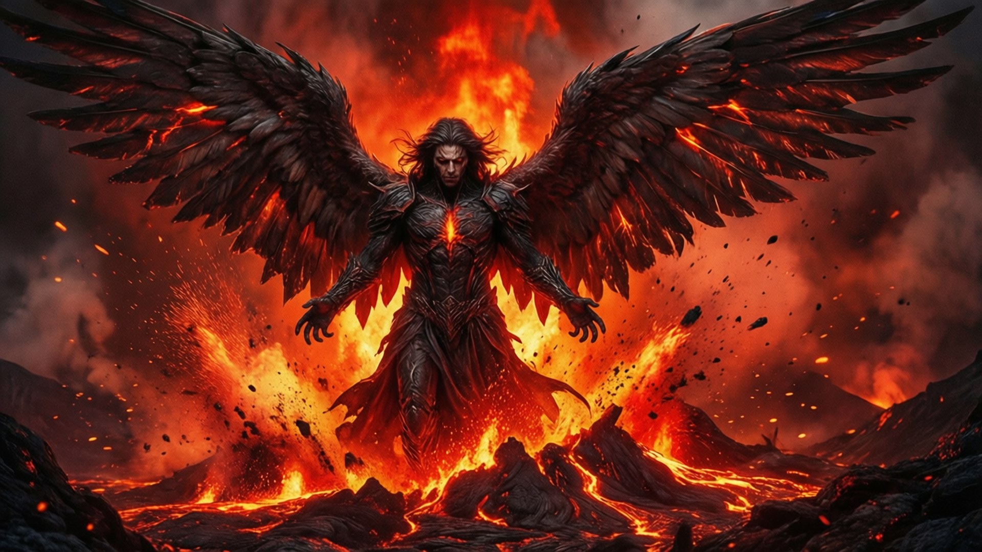 Volcanic Wrath 壁紙 — 一個黑翼天使般的身影站在噴發的熔岩中，擁有發光的紅色眼睛和火焰翅膀，背景是火山天空。