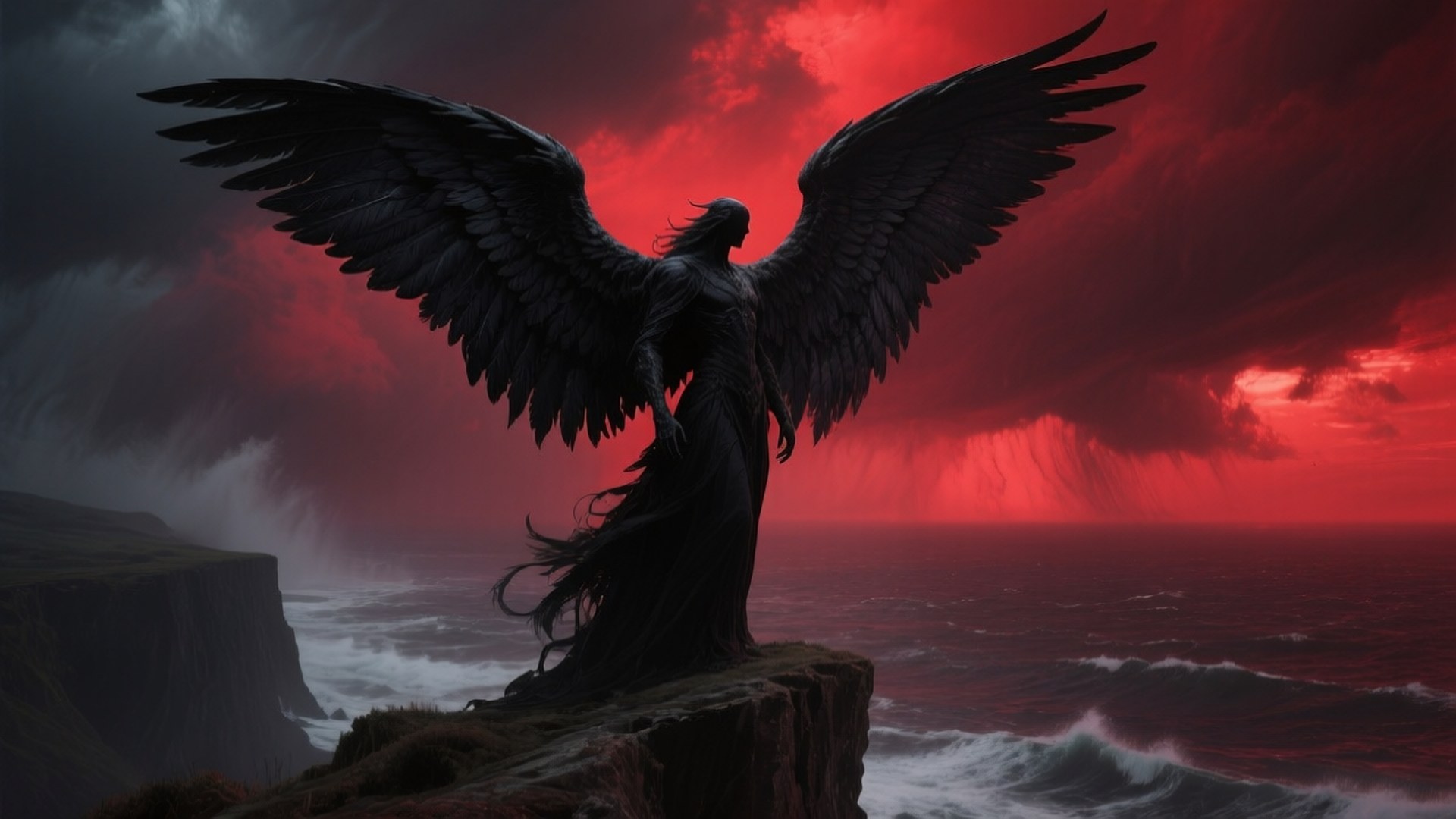 Dark Angel Over Stormy Sea 壁紙 — 一個黑翼天使般的身影站在懸崖頂上，俯瞰著血紅色天空下的暴風雨紅海。