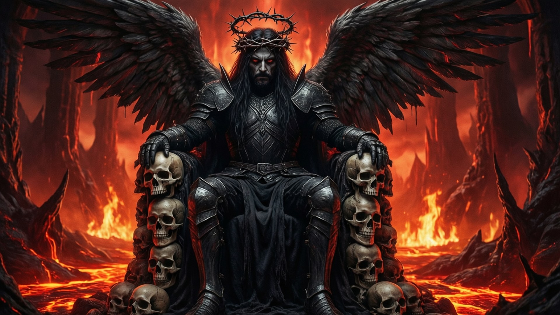 Throne of Skulls 壁紙 — 一個有黑色翅膀、戴著尖刺皇冠的天使般的人物，坐在由頭骨組成的王座上，周圍是火熱的地獄景觀。