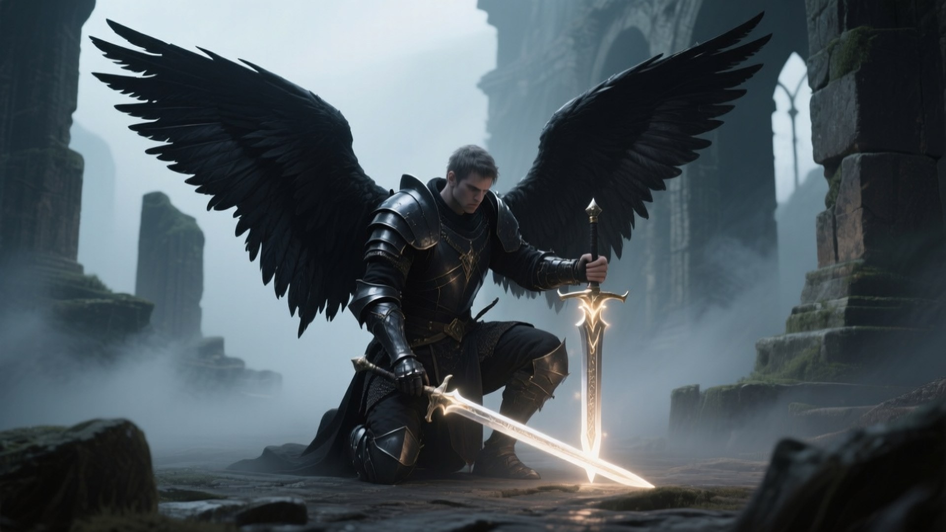 Warrior Angel With Sword 壁紙 — 一個暗翼裝甲戰士跪在迷霧廢墟中，手持發光劍。