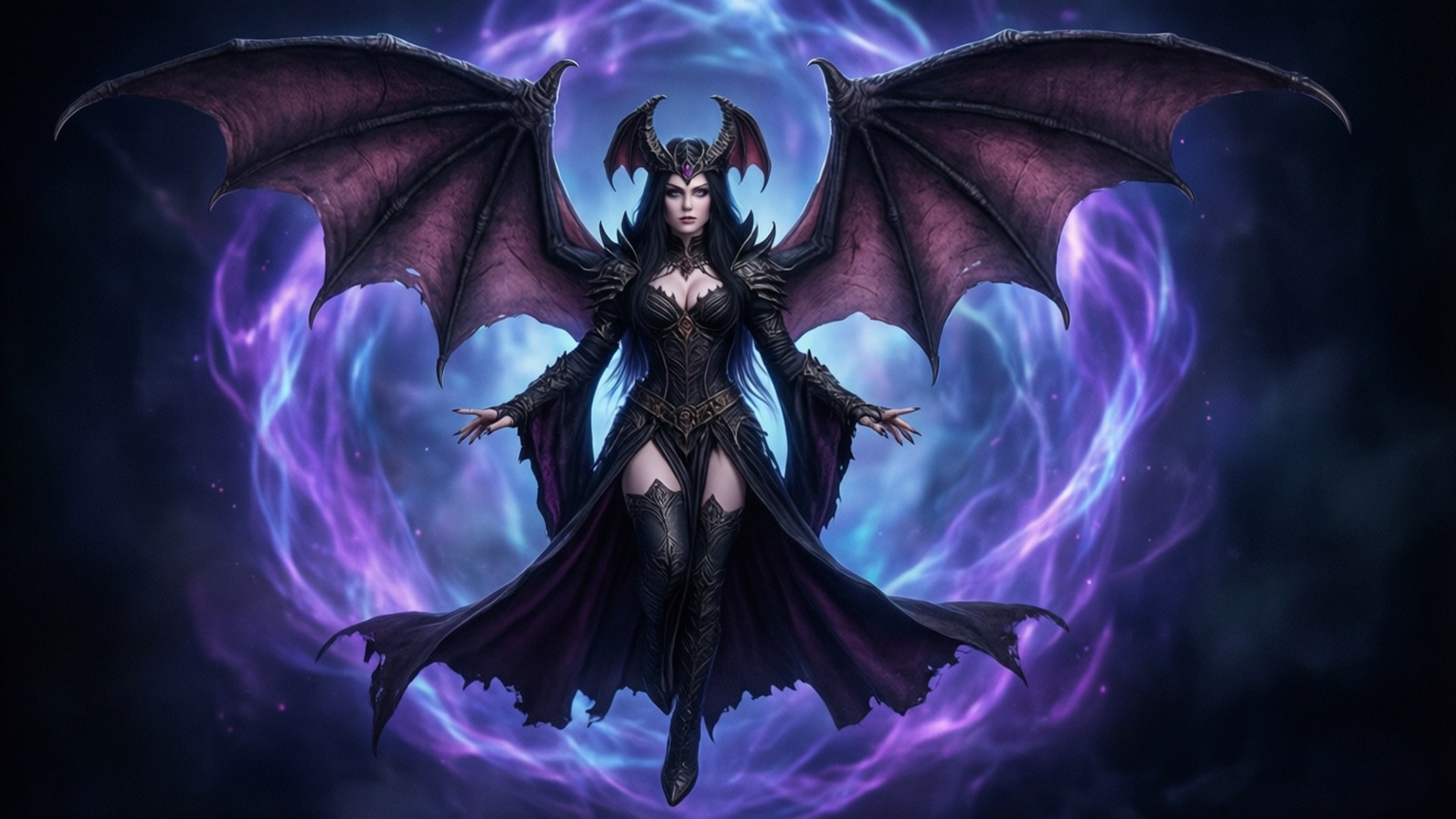 卡普空 桌布 壁紙 — 一位暗翼惡魔女王漂浮在宇宙虛空中旋轉的紫色和藍色魔法能量之中。