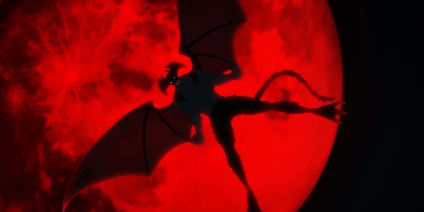 Devilman Crybaby Amon 桌布 壁紙 — 暗翼龍剪影在巨大發光的紅月亮前翱翔，構成戲劇性的動漫場景。