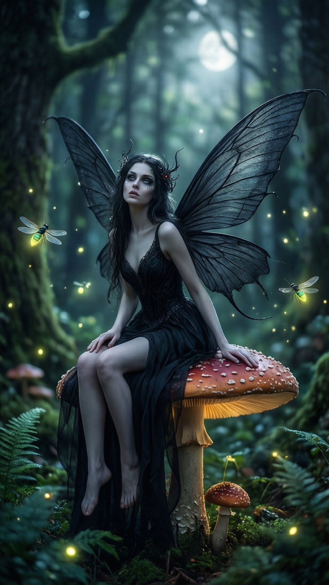 Fairy of Night 壁紙 — 一位身穿黑色禮服的暗翼仙女優雅地坐在一個巨大的紅色蘑菇上，身處一個迷霧籠罩、月光照耀、螢火蟲閃爍的森林中。