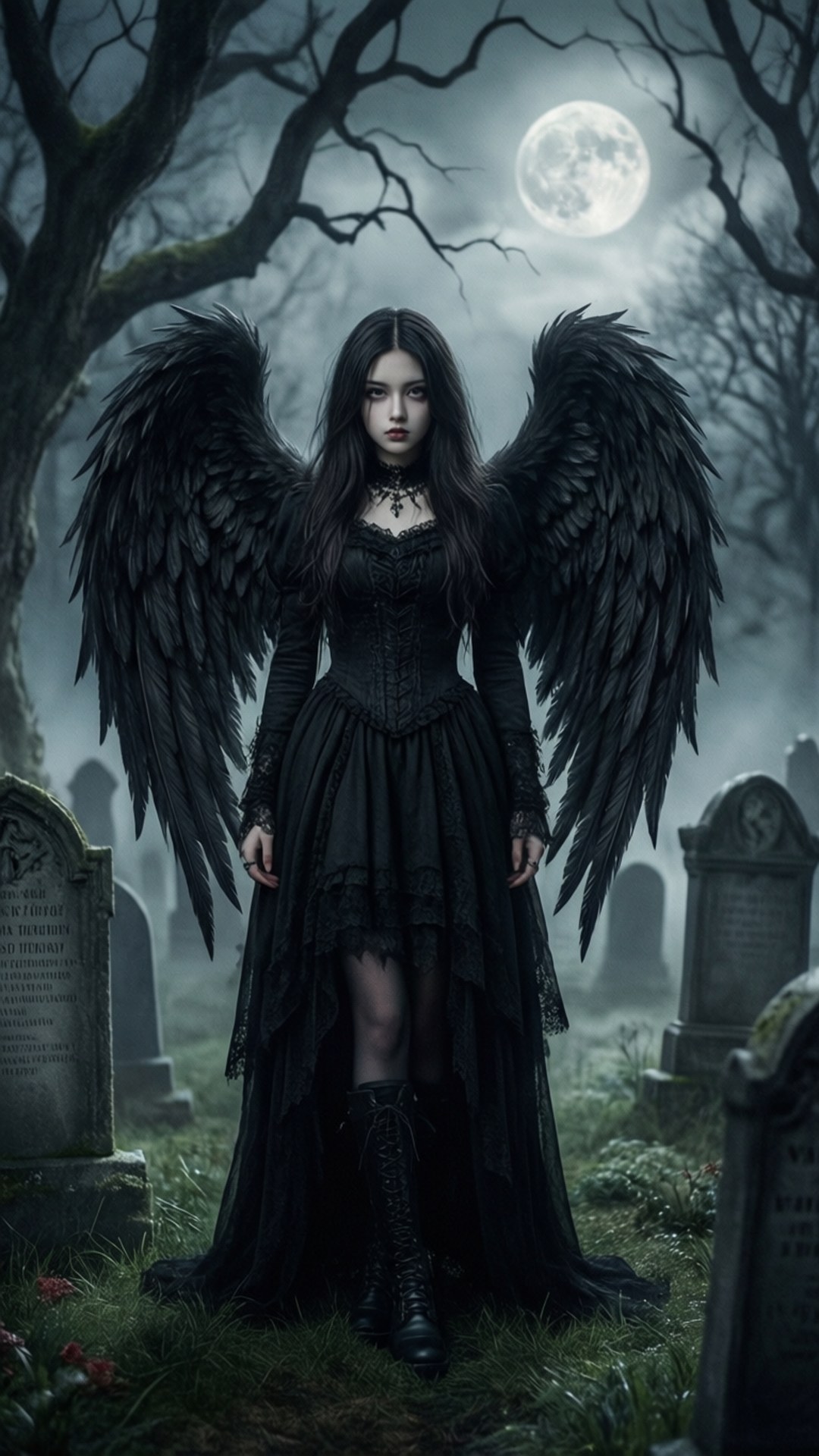Gothic Graveyard 壁紙 — 一位黑翼女子身穿黑色哥德式長裙，在滿月下莊嚴地站在霧氣瀰漫的墓地中。