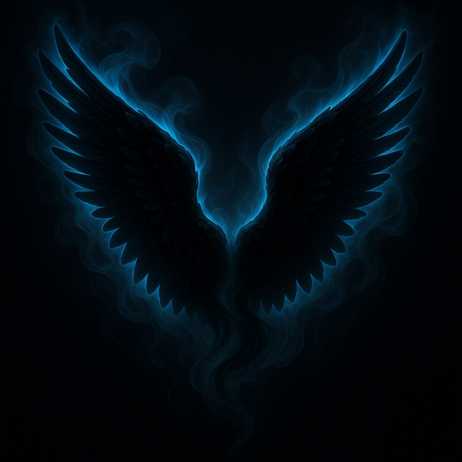 Smoke and Shadow Wings 壁紙 — 黑色背景上，深色翅膀張開，邊緣環繞著發光的藍色能量。