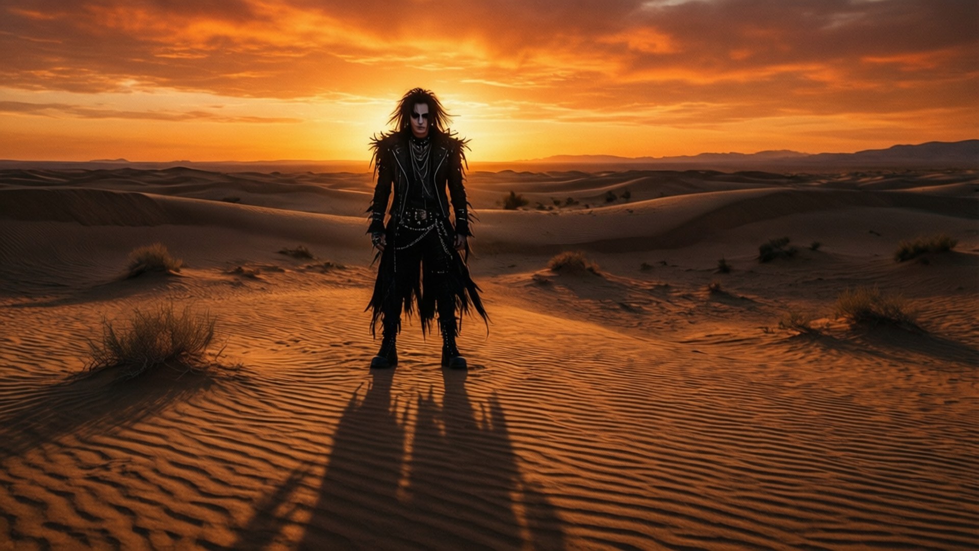 Desert Sunset 壁紙 — 一個穿著深色衣服、頭髮凌亂的人獨自站在廣闊的沙漠中，在日落時分在波紋狀的沙子上投下長長的影子。
