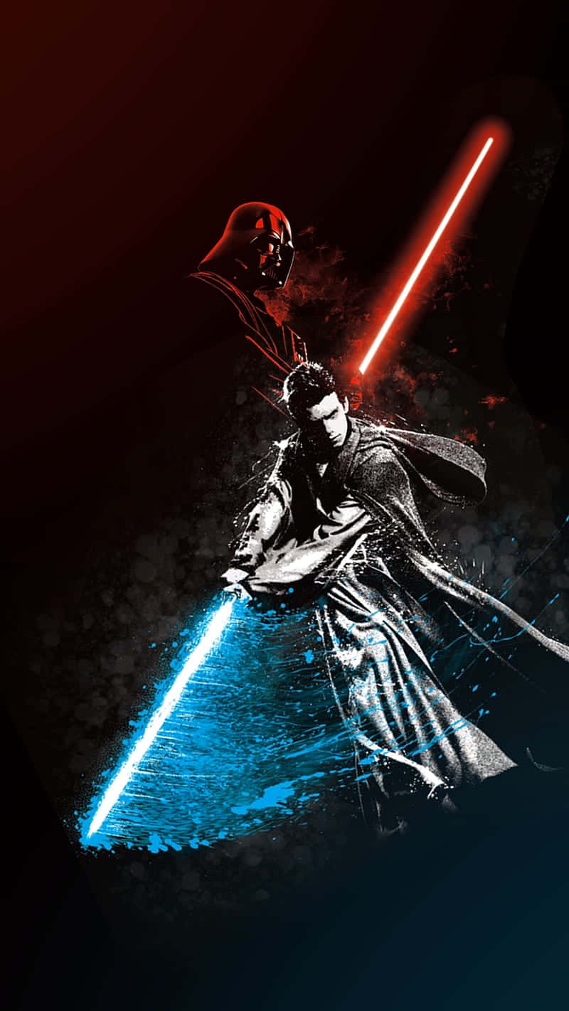 Anakin 桌布 壁紙 — 達斯維達聳立在一個揮舞藍色光劍的絕地武士之上，背景為深紅色，帶有動態運動效果。