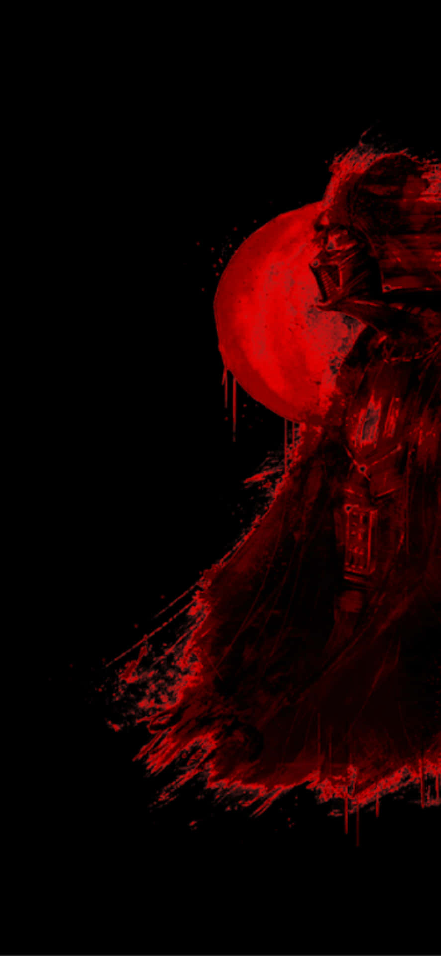 黑武士達斯維達的紅色剪影，在黑色背景上帶有滴落的顏料 — iPhone 11 Pro Max 壁紙