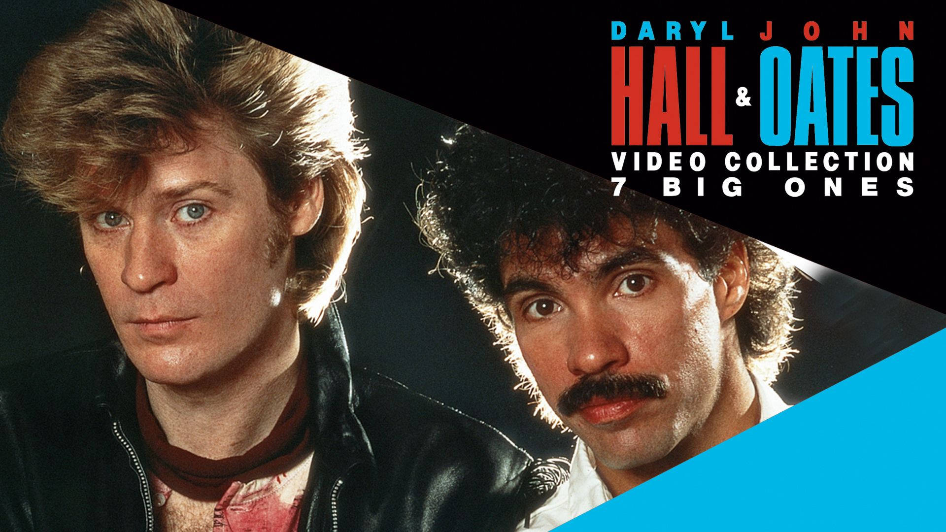 復古 桌布 壁紙 — Daryl Hall 和 John Oates 在黑白藍色分割背景前凝視，粗體文字宣佈他們的影片合集。