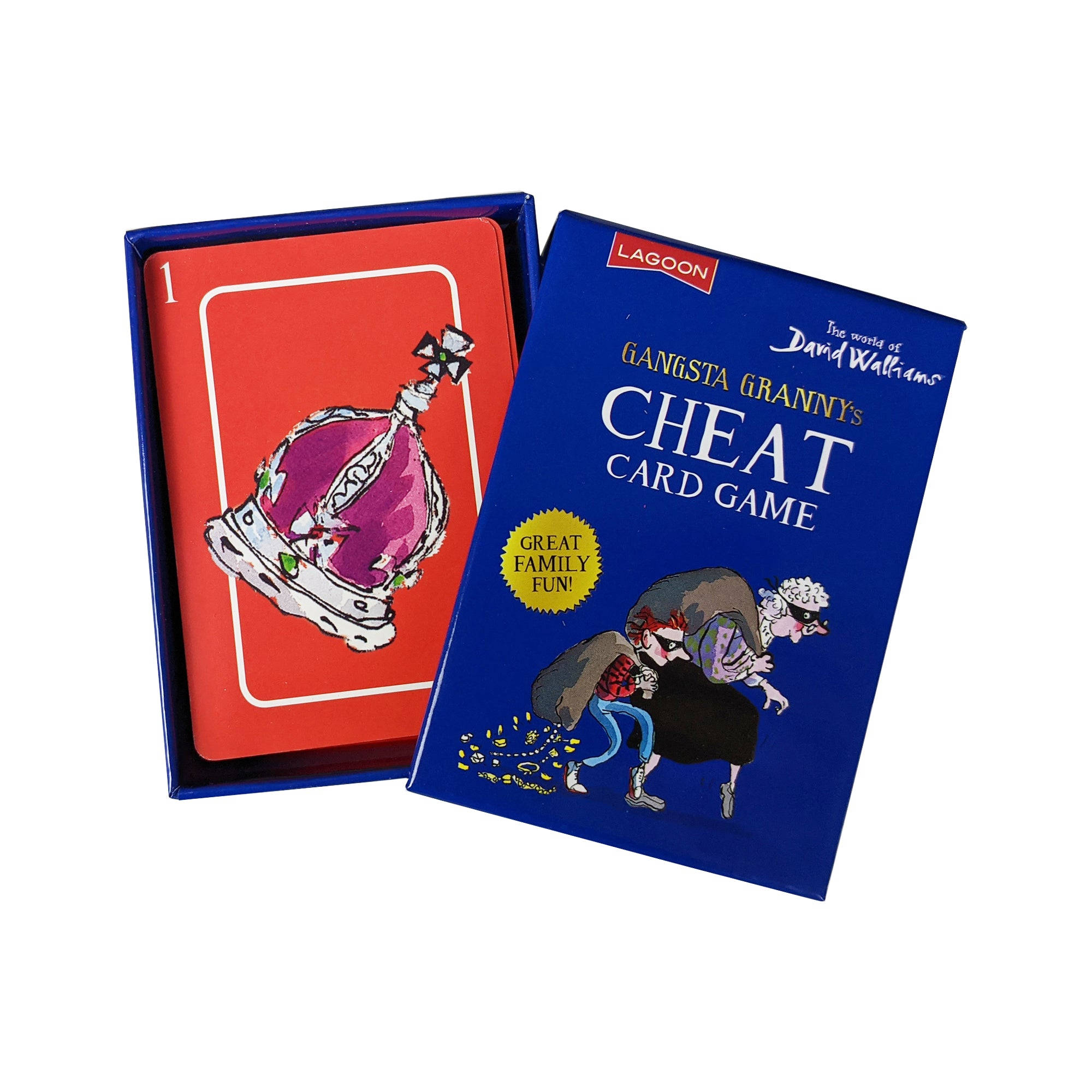 Playing Cards 桌布 壁紙 — David Walliams 的《Gangsta Granny's Cheat Card Game》藍色盒子和紅色卡牌，帶有頑皮奶奶和王冠的卡通插圖。