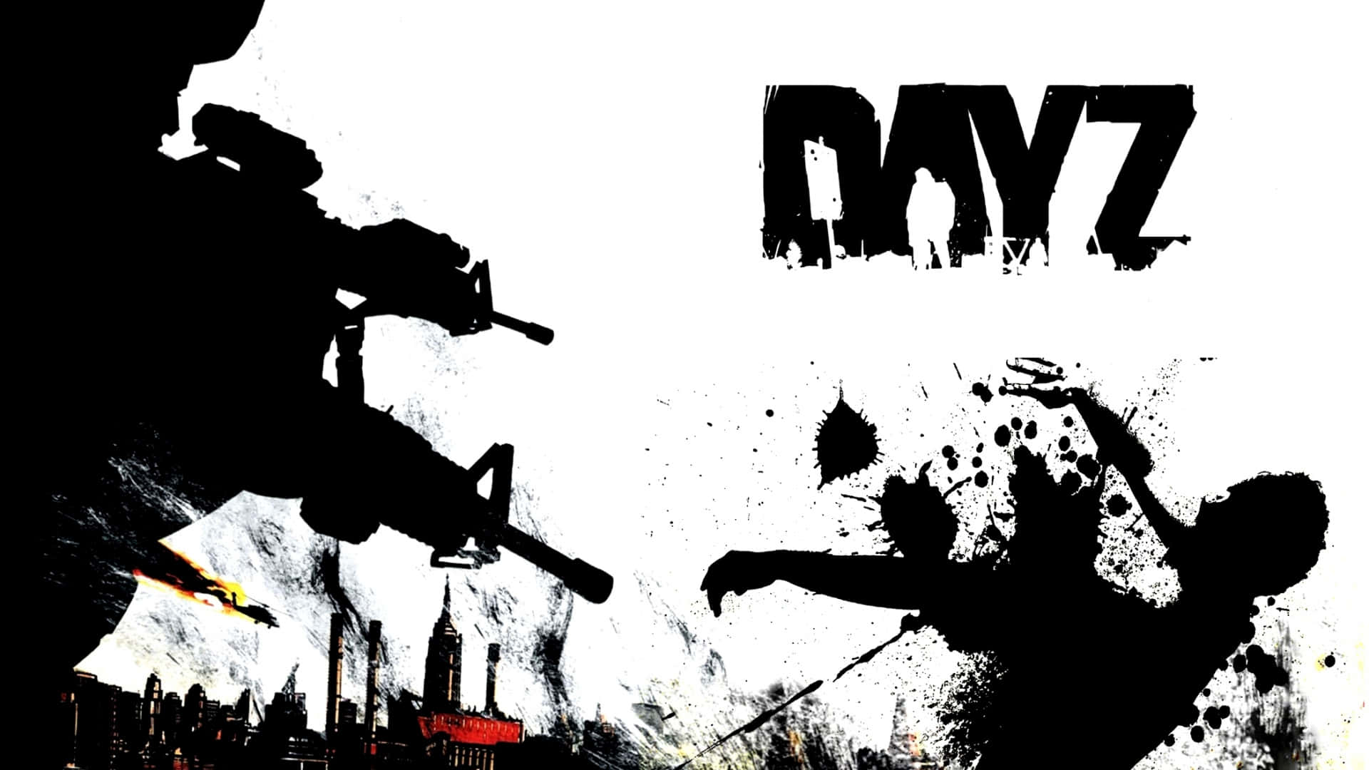 電玩遊戲 桌布 壁紙 — DayZ 的高對比黑白遊戲海報，以城市景觀為背景，呈現步槍剪影和墜落的人物。