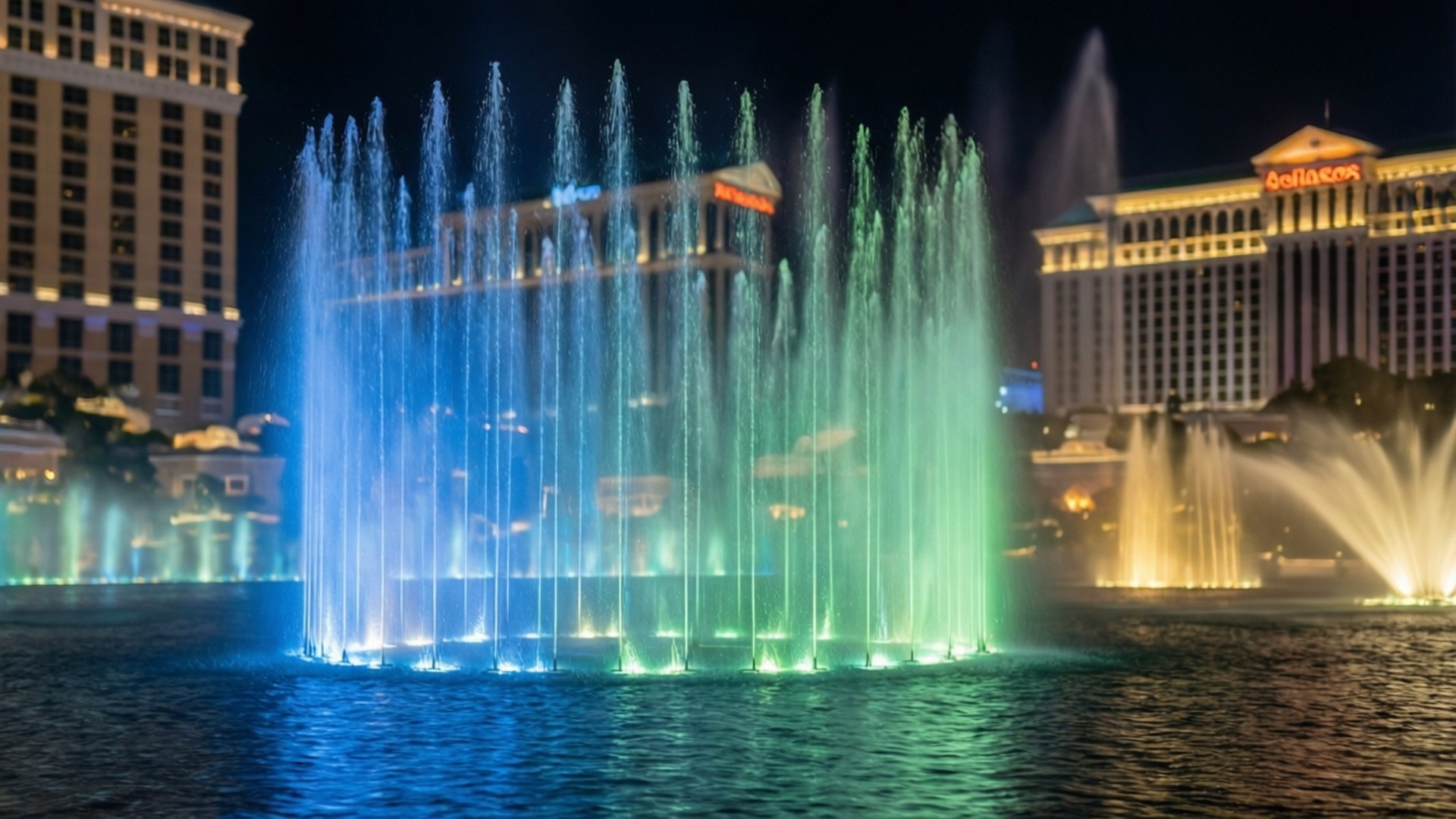 Bellagio Fountains Night 壁紙 — 一場令人眼花繚亂的夜間噴泉表演，藍色和綠色的燈光從明亮燈光的拉斯維加斯酒店前的泳池中噴湧而出。