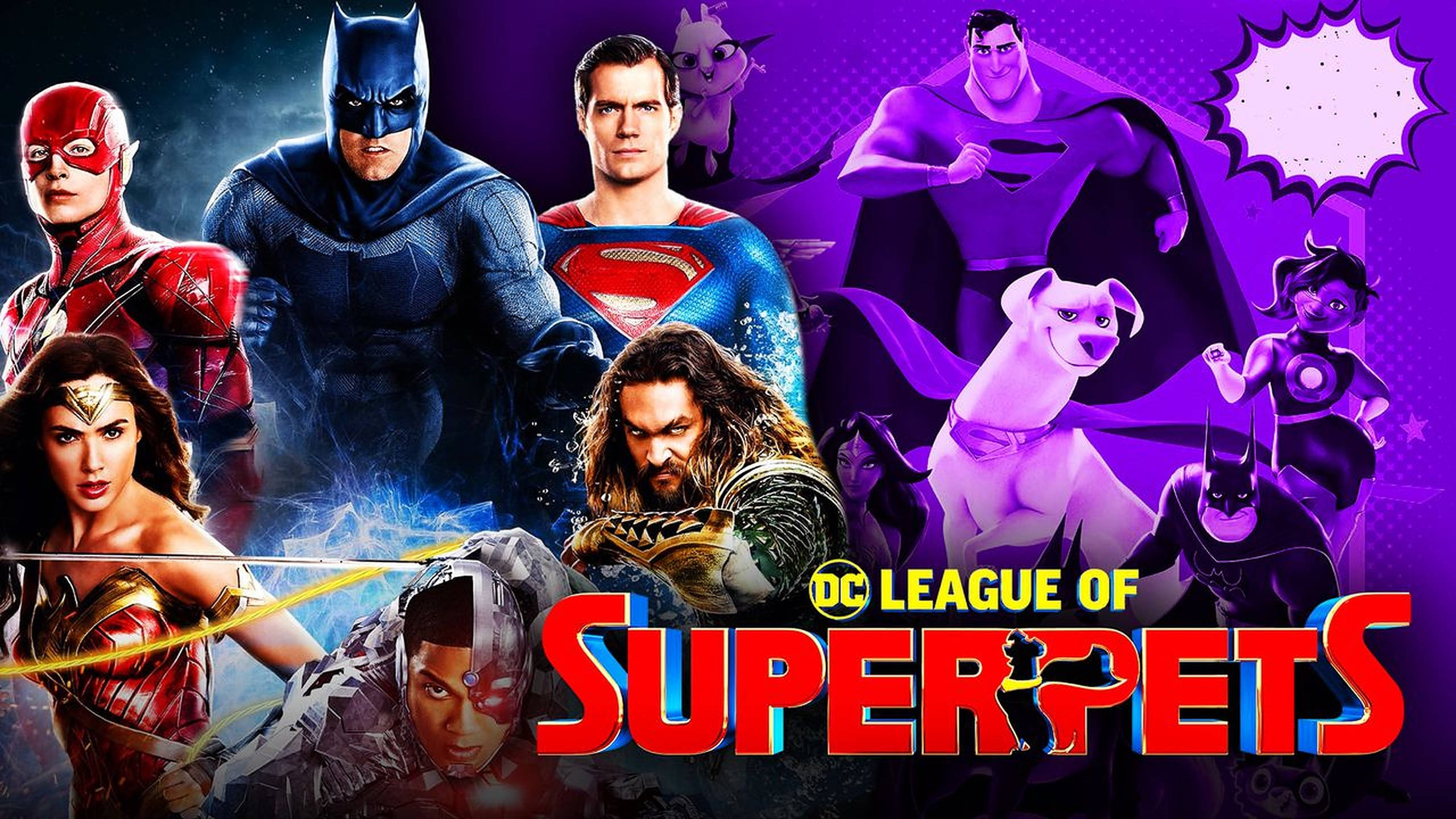 Dc 桌布 壁紙 — DC League of Super Pets 電影海報，展示超級英雄及其動物夥伴，背景為充滿活力的紫色宇宙背景。