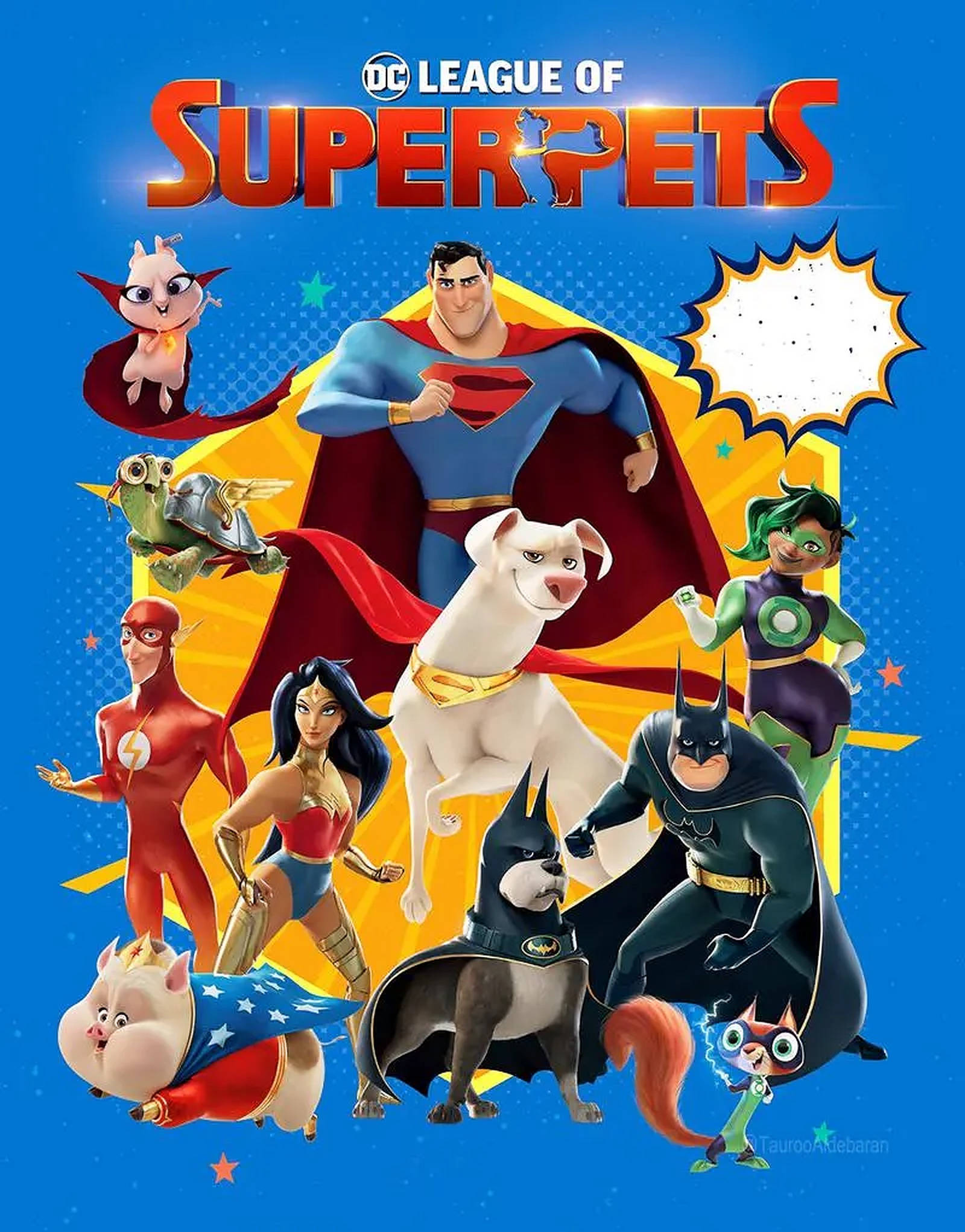 Dc 桌布 壁紙 — DC League of Super Pets 海報，以動畫超級寵物英雄及其人類英雄為特色，背景為充滿活力的藍色，帶有漫畫星星和黃色聚光燈。