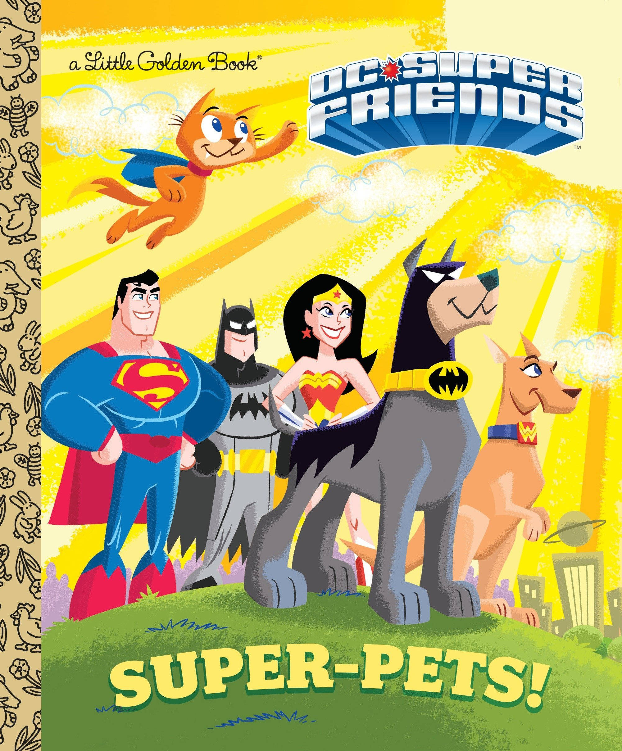 Dc 桌布 壁紙 — DC Super Friends 動畫角色，包括超人、蝙蝠俠、神力女超人及其動物盟友，在明亮的黃色天空下英勇地擺出姿勢。