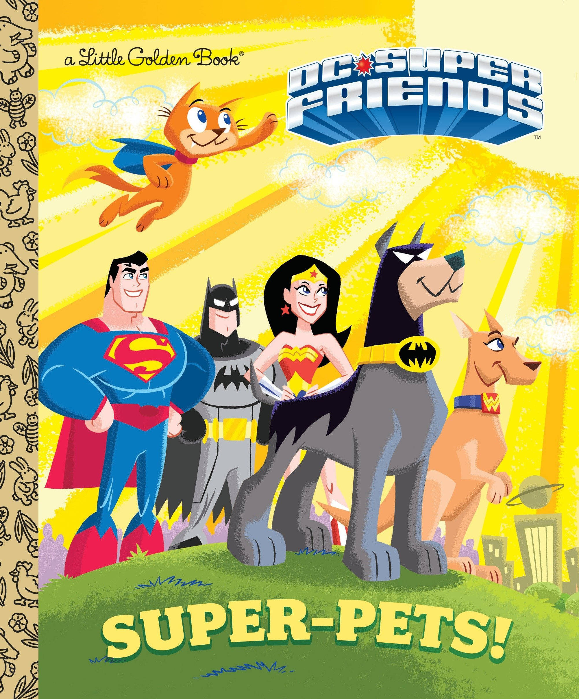 Dc 桌布 壁紙 — DC Super Friends 英雄與他們的動物夥伴英勇地站在長滿草的山丘上，天空一片燦爛的黃色。