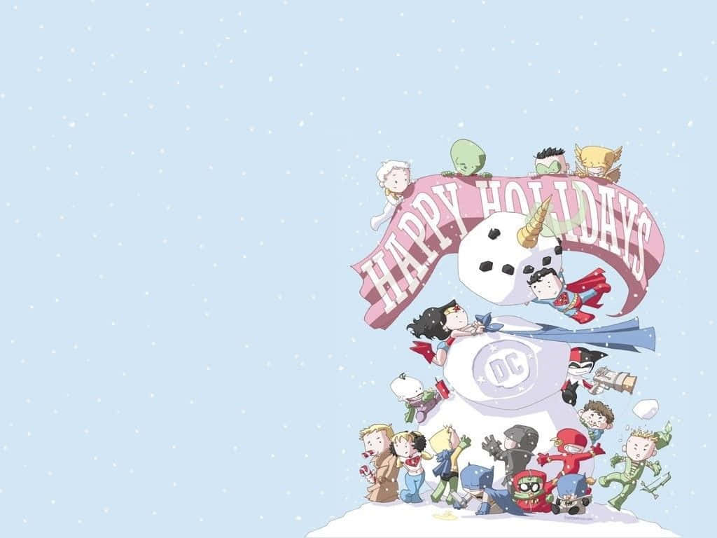 Happy Holidays 桌布 壁紙 — DC 超級英雄與反派們歡樂地聚集在一個巨大的雪人周圍，雪人手持「節日快樂」橫幅，雪花飄落。