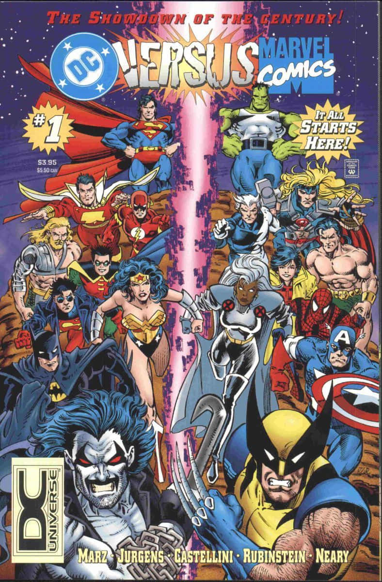 桌布 壁紙 — DC和Marvel的超級英雄在一張充滿活力的漫畫書封面上碰撞，超人、蝙蝠俠、神奇女俠和金剛狼對戰浩克、美國隊長和蜘蛛俠。