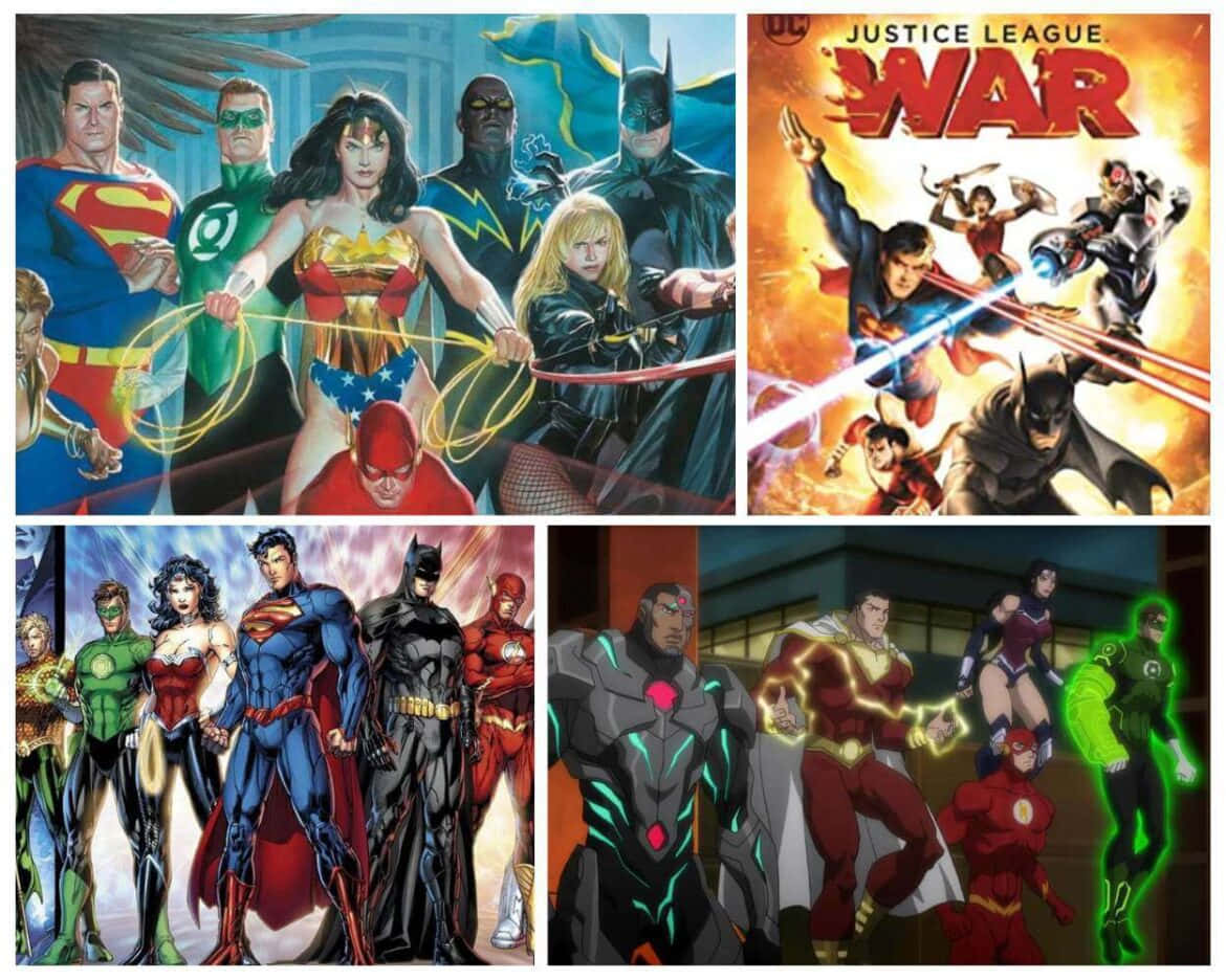 Justice League War 桌布 壁紙 — DC超級英雄如超人、神力女超人和蝙蝠俠以充滿活力的漫畫藝術風格，以動態姿勢和發光能量效果英勇地站立。