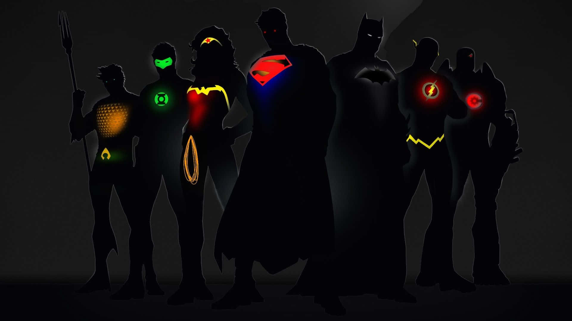 Animated Superhero Movies 桌布 壁紙 — DC超級英雄的剪影在黑暗背景下閃耀著鮮豔的胸部標誌。