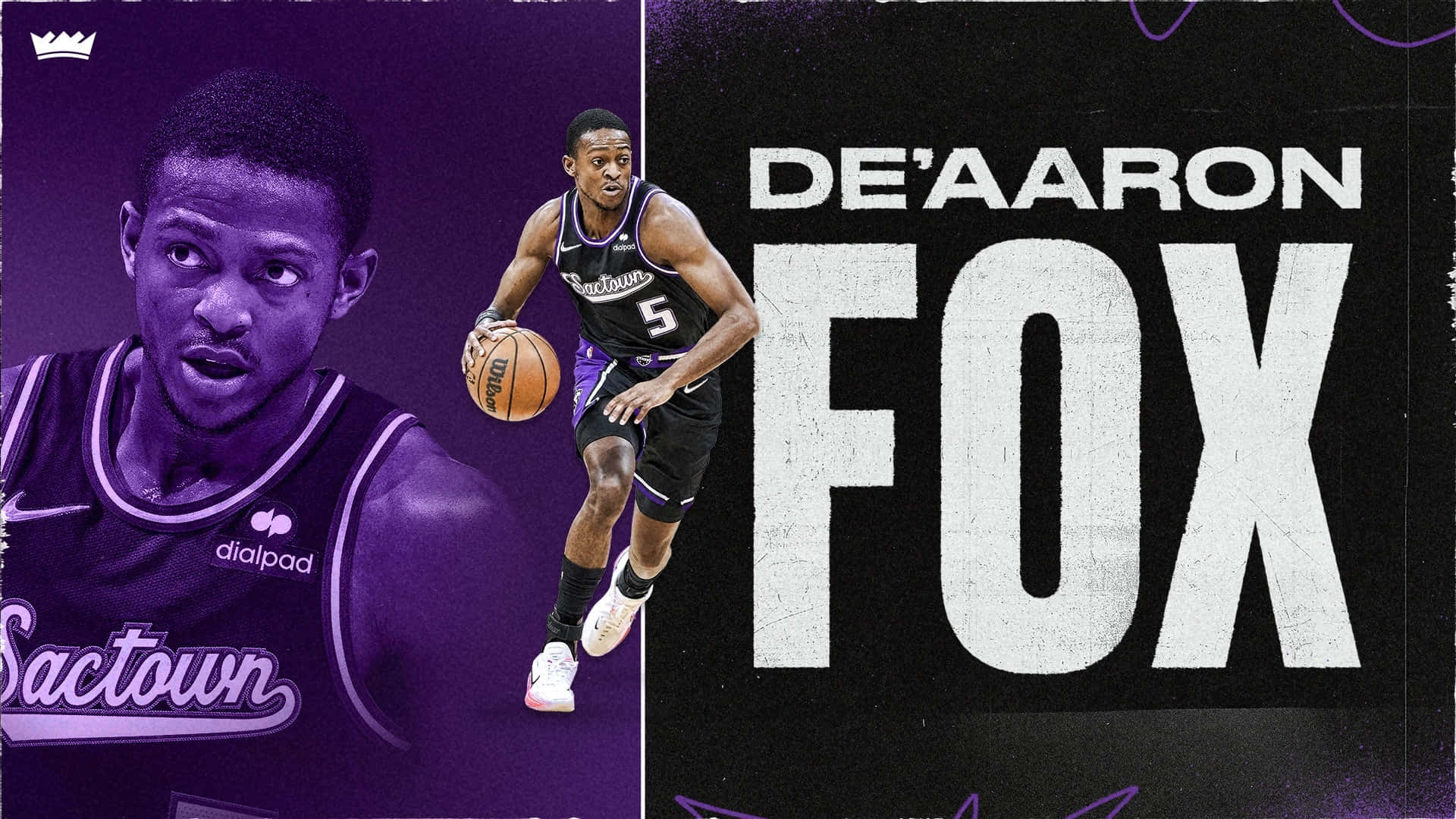 NBA 桌布 壁紙 — De'Aaron Fox 身穿沙加緬度國王隊球衣，在搶眼的紫色和黑色背景上，他的名字以大型白色字體呈現，正在比賽中。