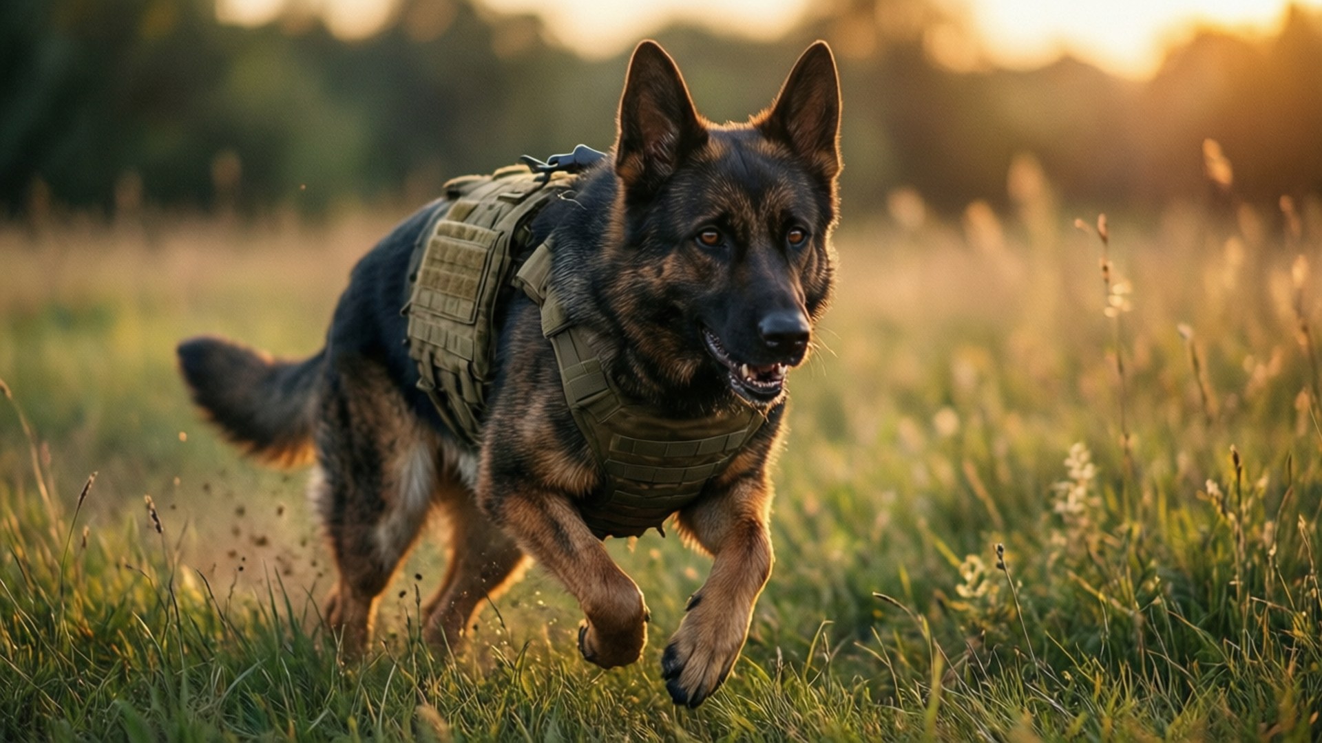 Canine Warrior 壁紙 — 一隻德國牧羊犬穿著戰術背心，在黃金時段專注地衝過高草叢。