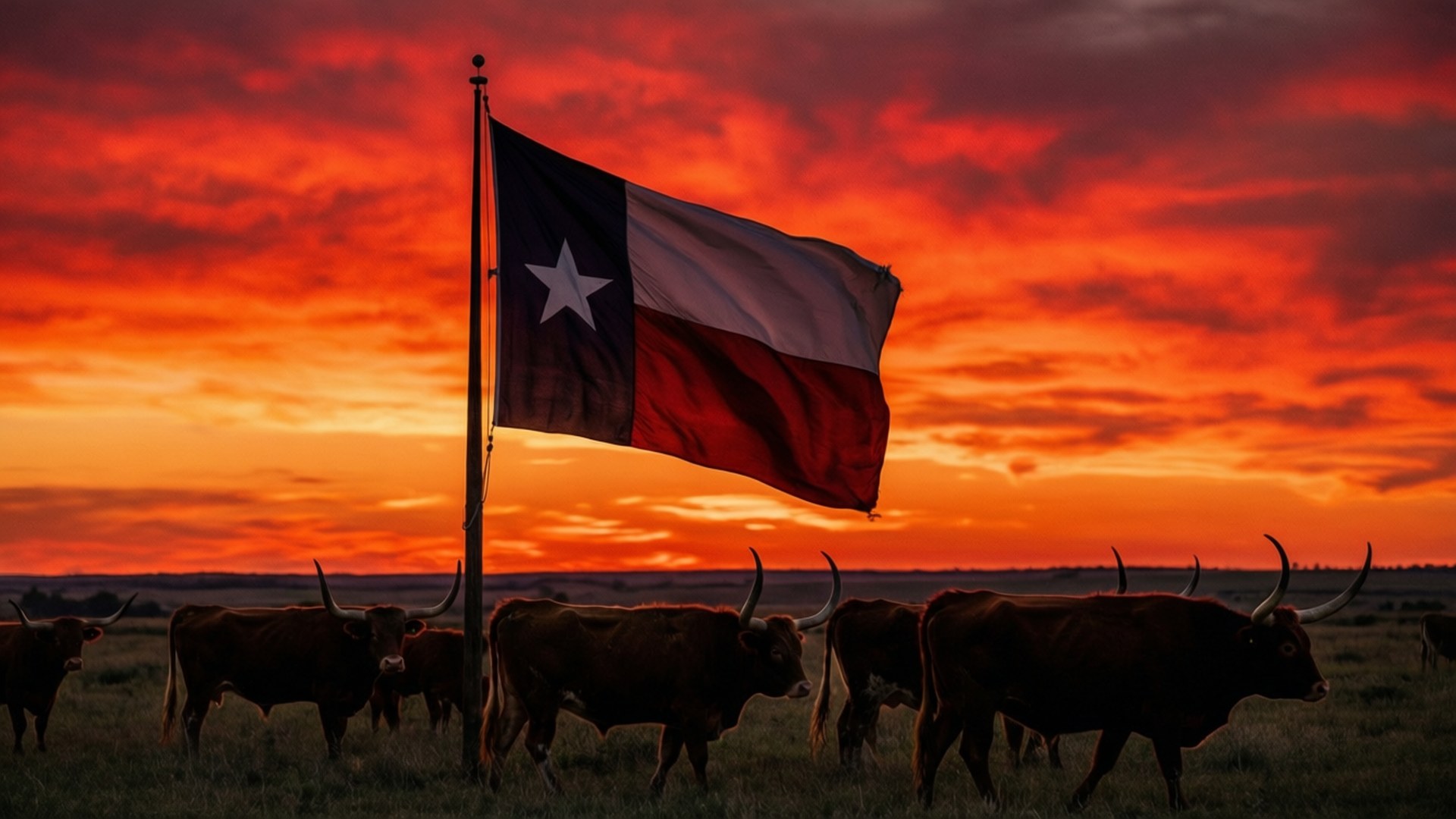 Texas Flag Sunset with Longhorns 壁紙 — 德州旗在熾熱的日落中驕傲飄揚，長角牛在草原上以剪影吃草。