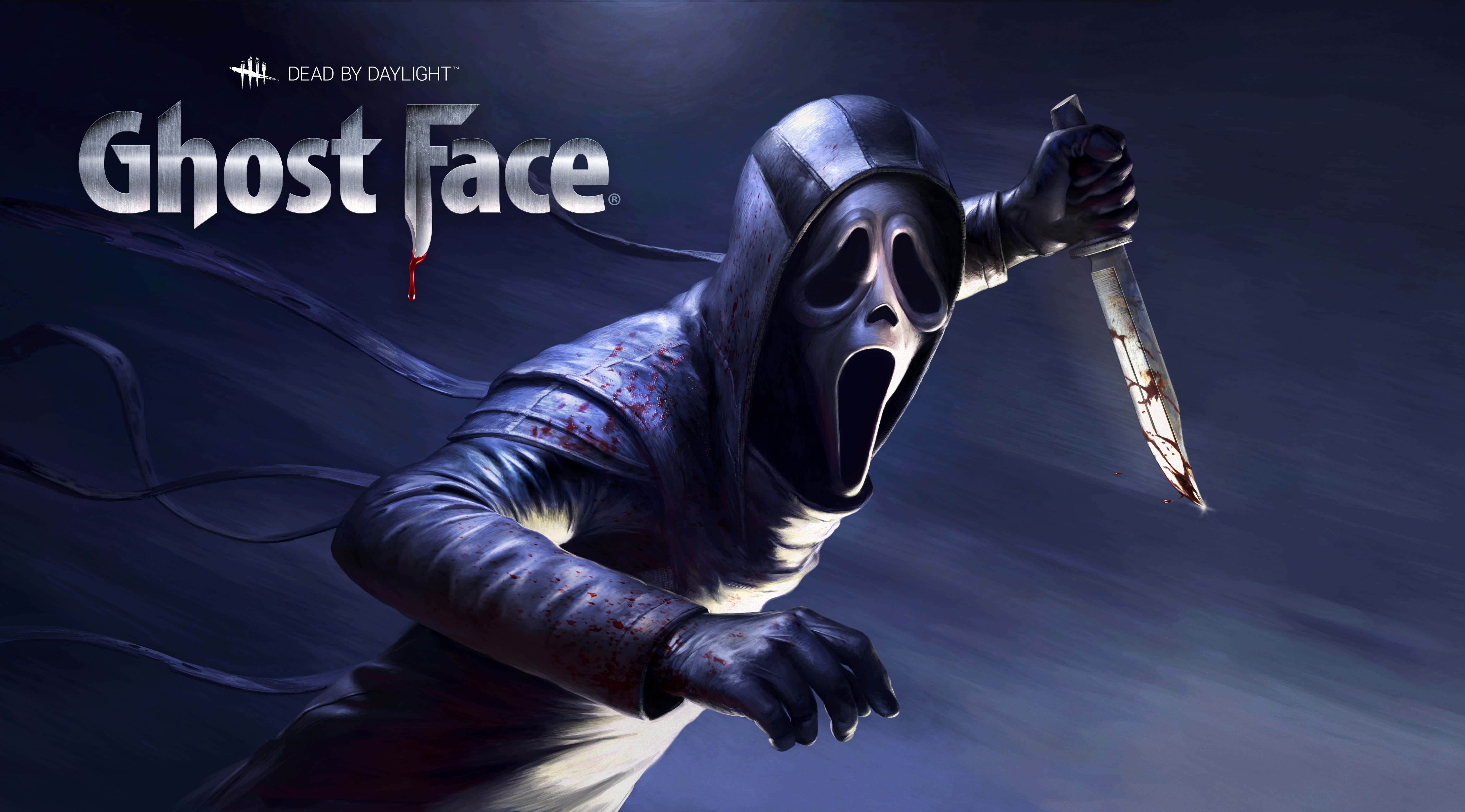 鬼臉殺手 桌布 壁紙 — Dead by Daylight 中的鬼臉在黑暗暴風雨的天空下拿著血淋淋的刀向前猛衝。