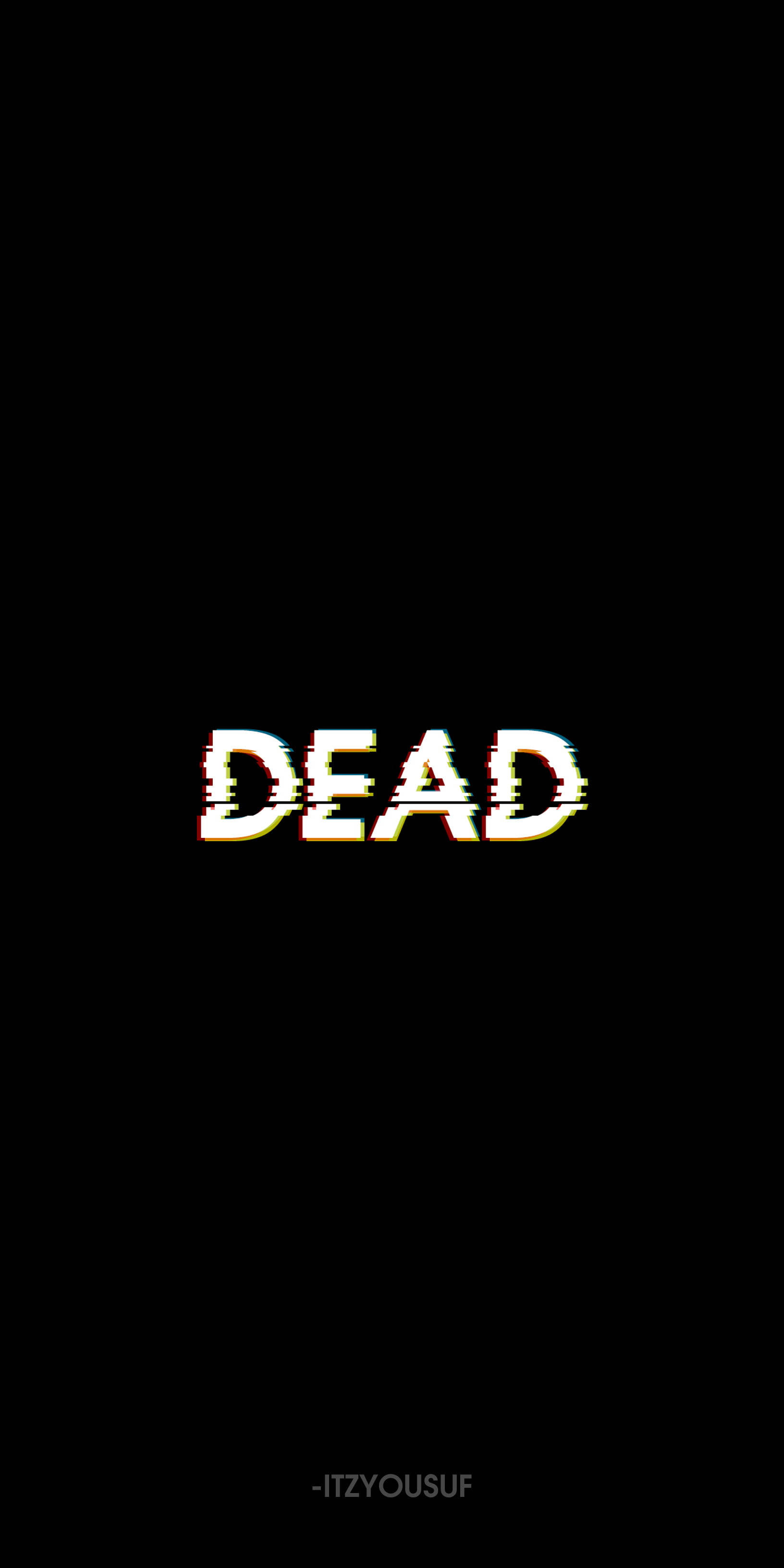 dead 桌布 壁紙 — 「DEAD」一詞在純黑色背景上發出帶有故障霓虹扭曲的光芒。