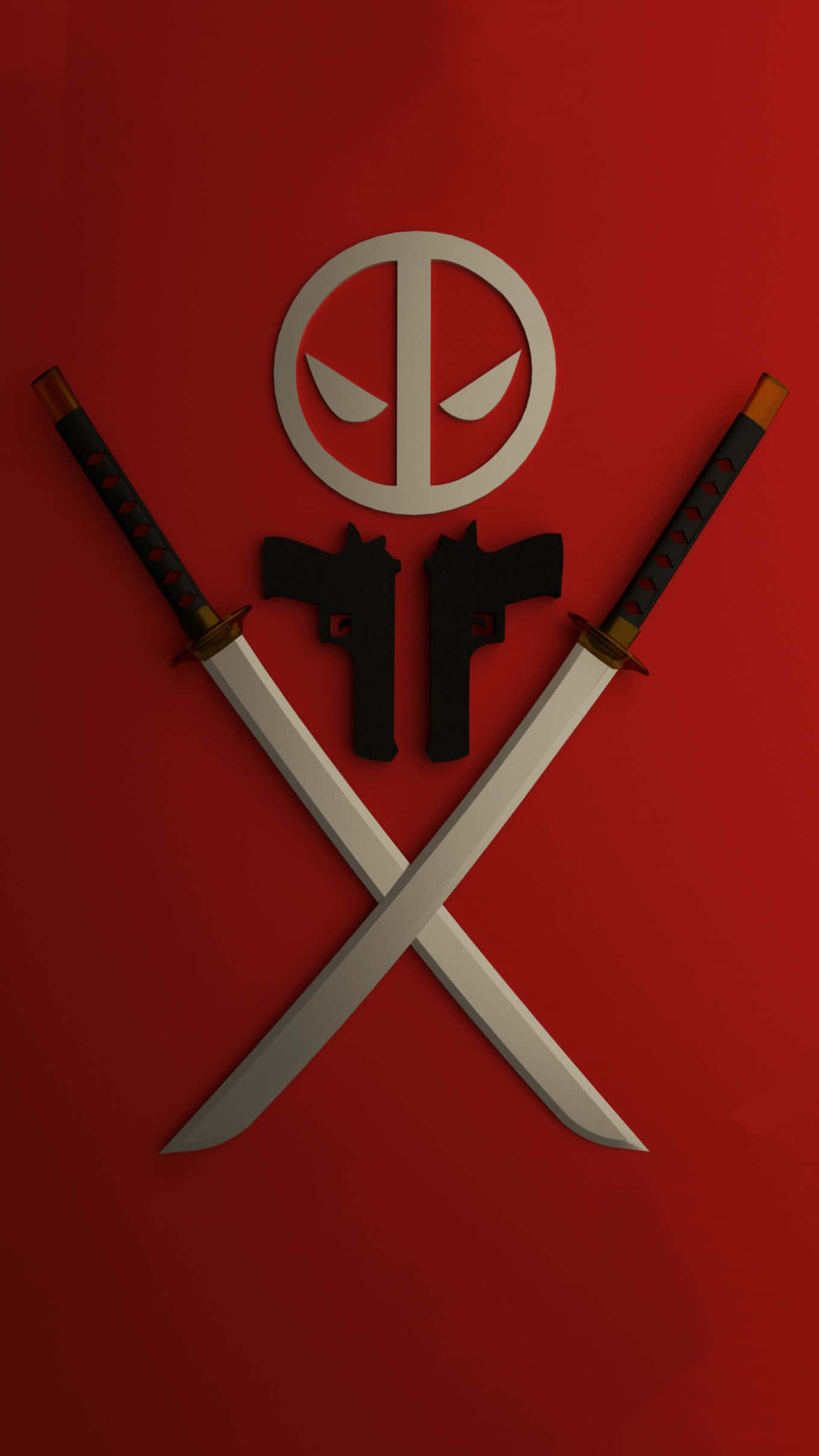 Weapons 桌布 壁紙 — Deadpool 標誌，兩側交叉武士刀和手槍，背景為大膽的紅色。