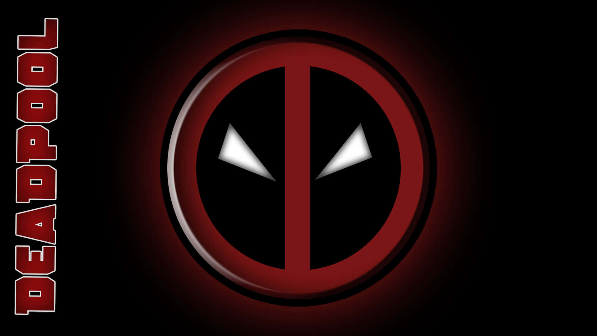 Black Deadpool 桌布 壁紙 — Deadpool 標誌在黑暗背景上發出紅光，他的名字以粗體紅色文字垂直排列。