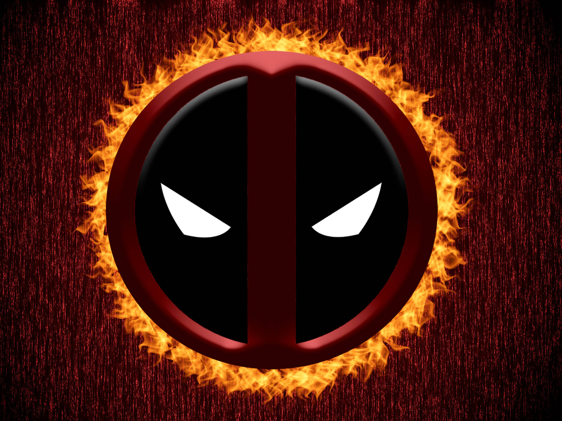 4K deadpool 桌布 壁紙 — Deadpool 標誌被咆哮的火焰包圍，背景為深紅色紋理。
