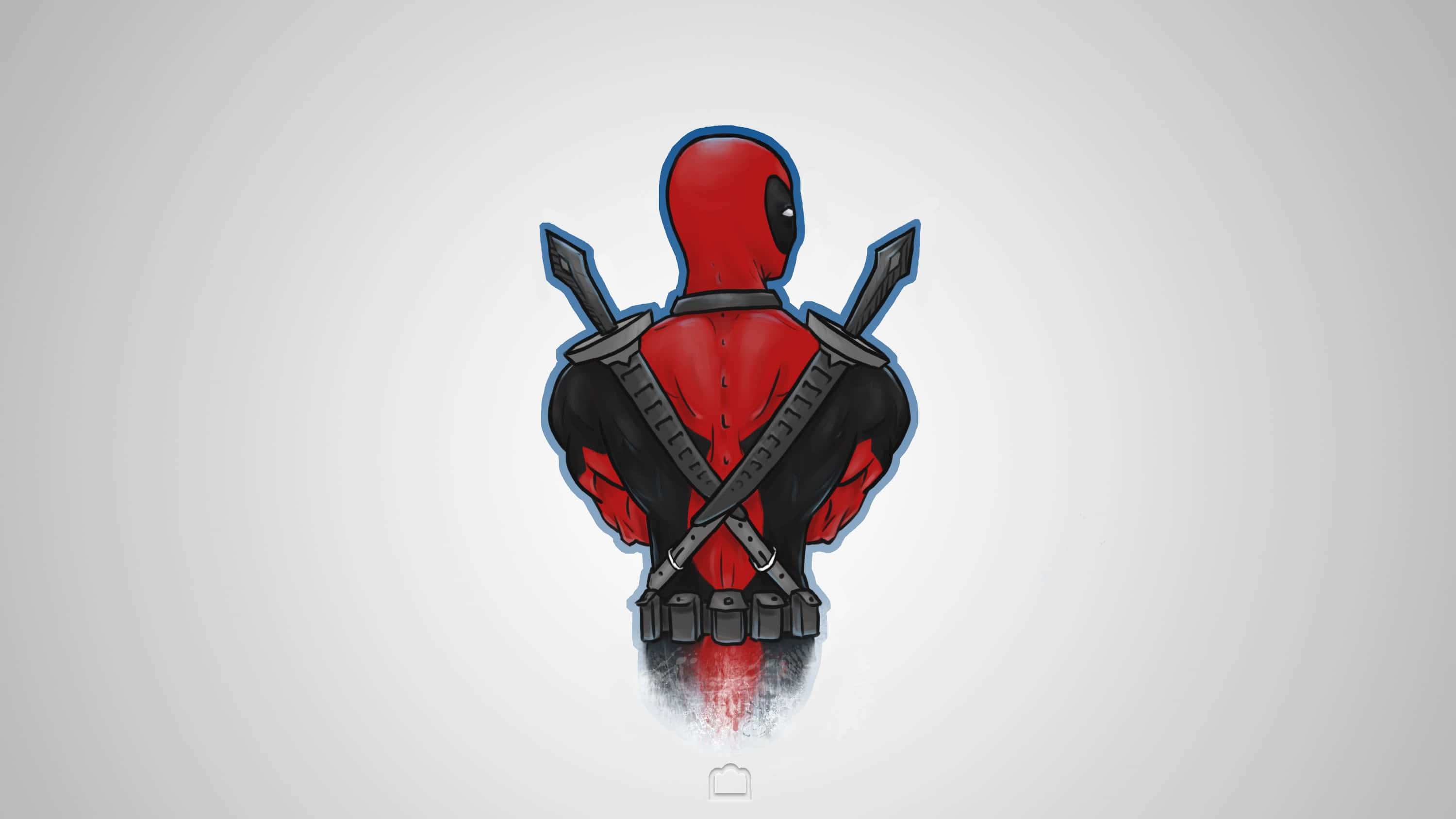 漫威 桌布 壁紙 — Deadpool 的背面視圖，身穿紅黑套裝，背上交叉兩把劍，背景為純灰色。