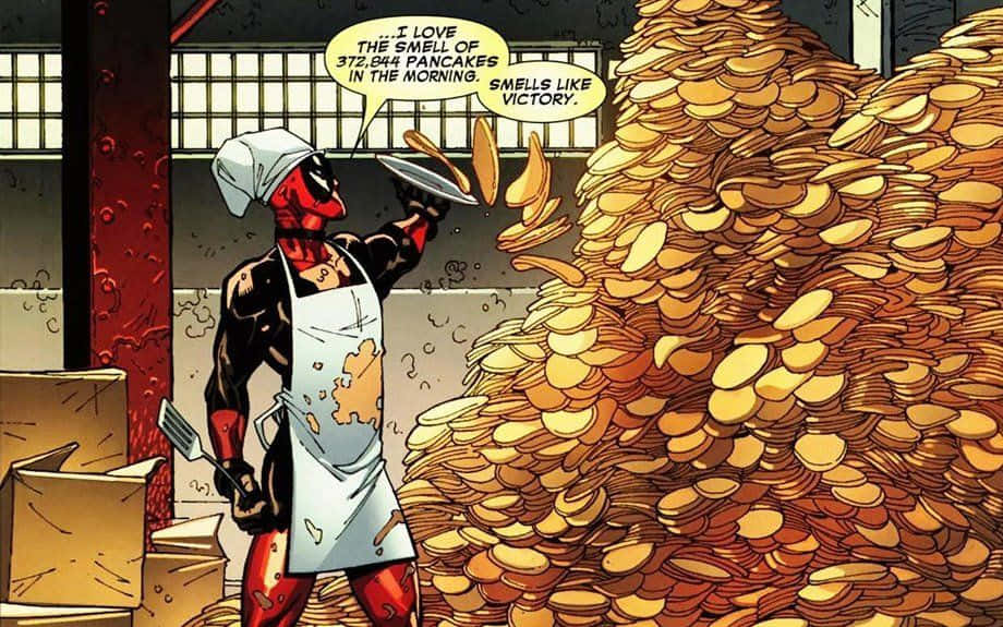 Deadpool And Lady Deadpool 桌布 壁紙 — Deadpool 穿著沾污的圍裙，在漫畫格中翻轉煎餅，旁邊是一堆高聳的金幣。