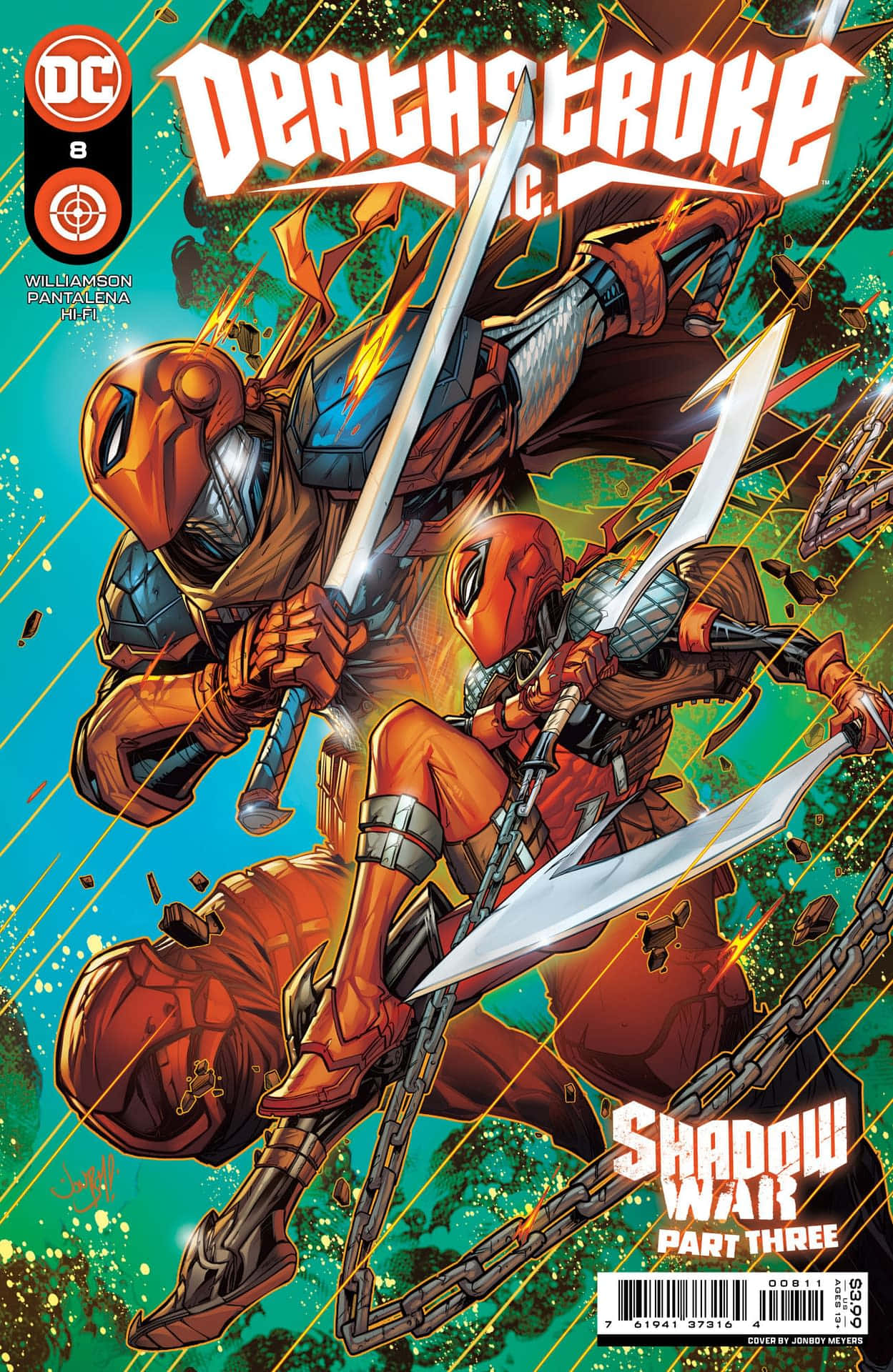 喪鐘 桌布 壁紙 — Deathstroke 和 Deadpool 在充滿活力的青綠色和橙色背景上，用劍和鏈條在動態漫畫書封面中碰撞。