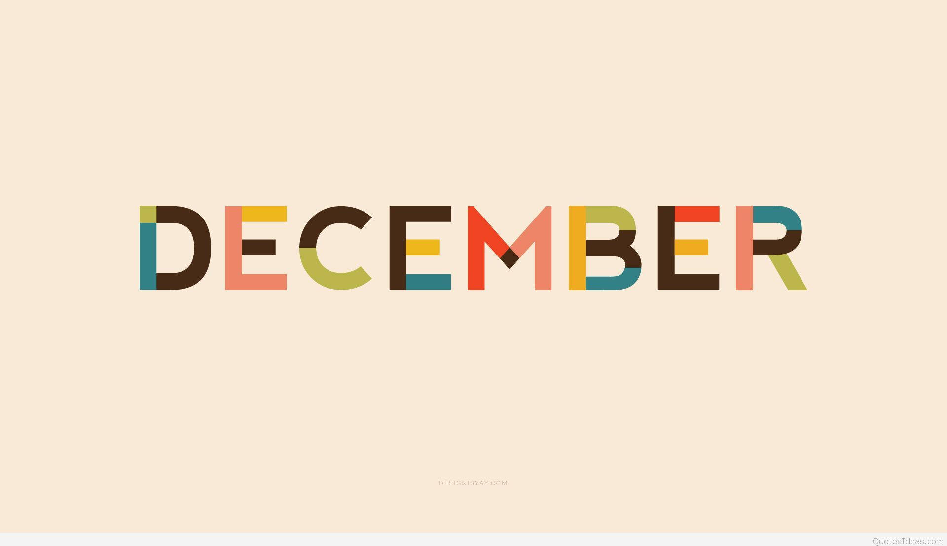 十二月 桌布 壁紙 — 「December」這個詞以粗體彩色字母拼寫在柔軟的米色背景上。