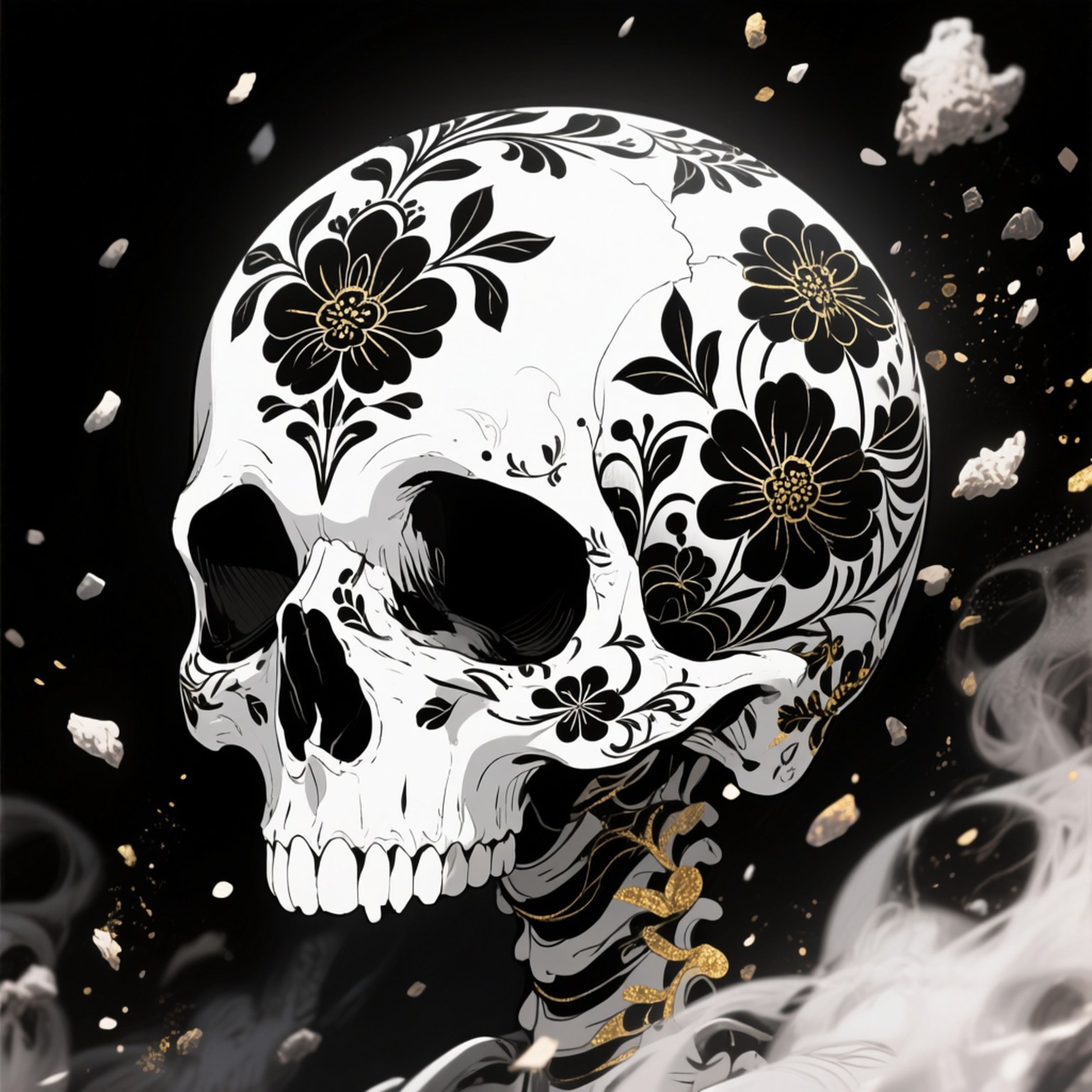 Floral Skull Elegy 壁紙 — 一個白色頭骨飾有黑色和金色的花卉圖案，漂浮在黑暗背景上，有漂浮的碎片和煙霧。
