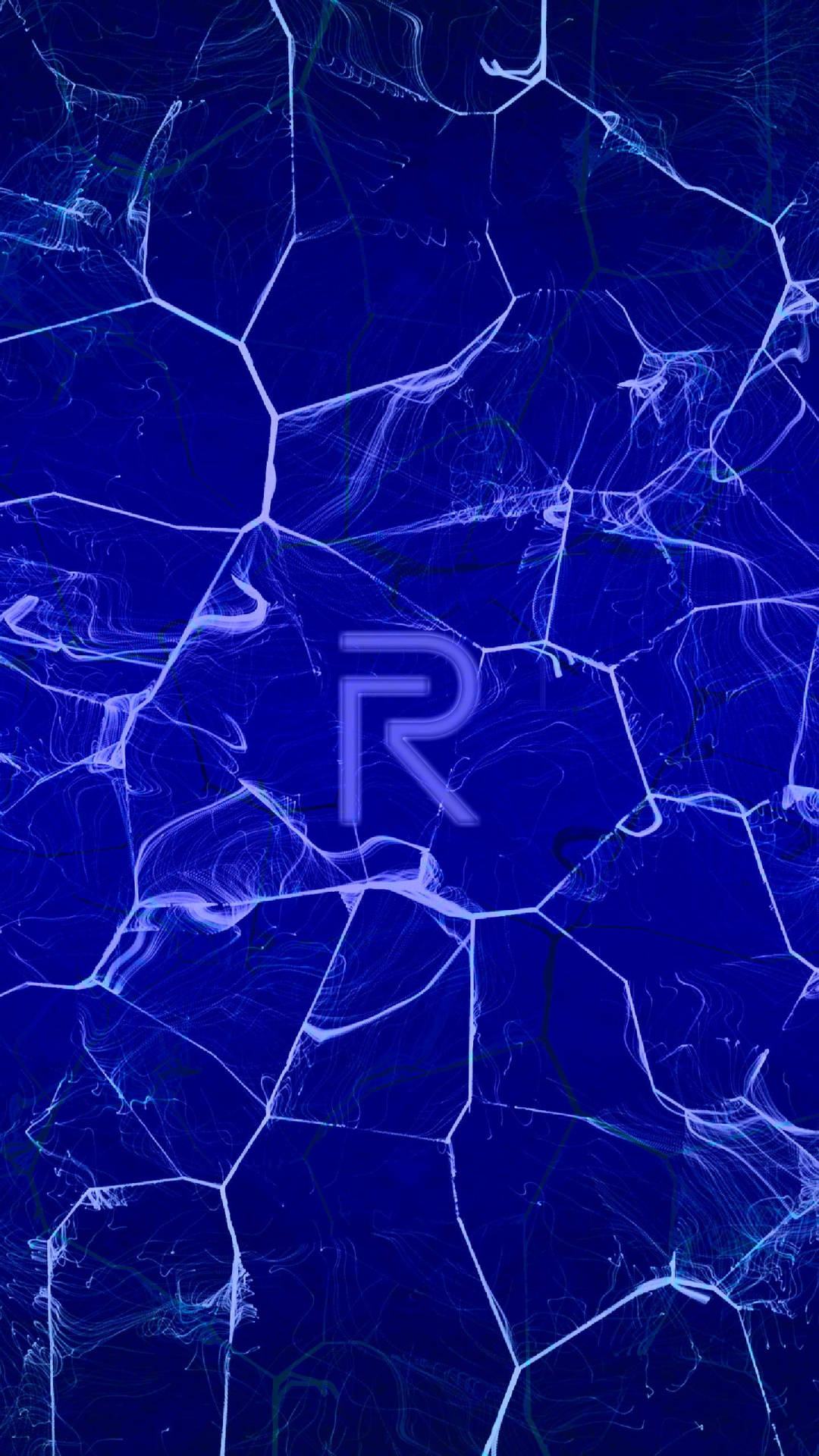 帶有發光白色線條和中央R標誌的抽象藍色數位圖案。 — Realme 壁紙 壁紙