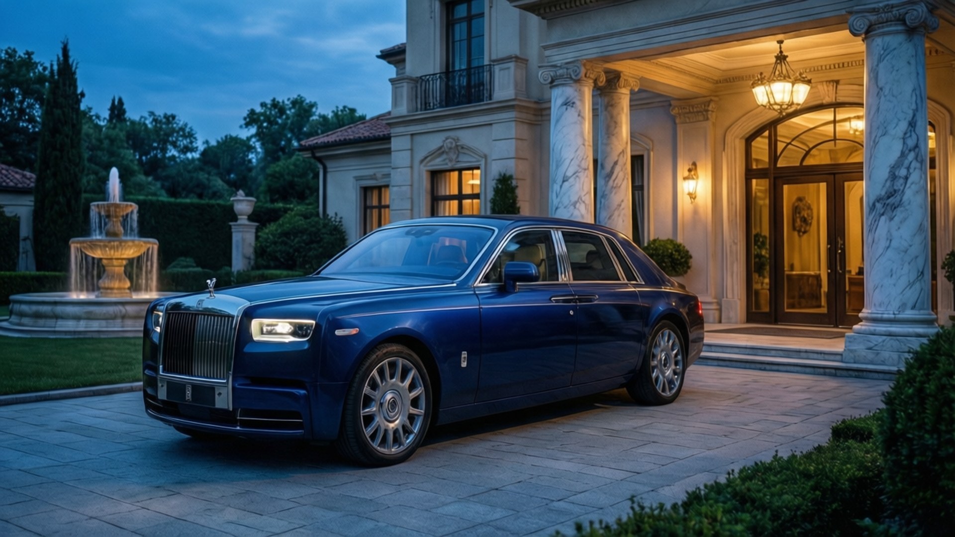 Blue Rolls-Royce Elegance 壁紙 — 一輛深藍色勞斯萊斯幻影停泊在黃昏時分宏偉的大理石柱豪宅前的石頭車道上。