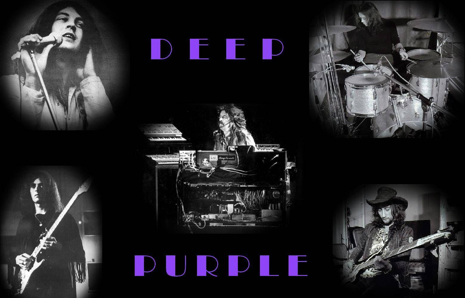 deep purple 桌布 壁紙 — Deep Purple 樂團成員表演的黑白拼貼畫，帶有紫色文字疊加。