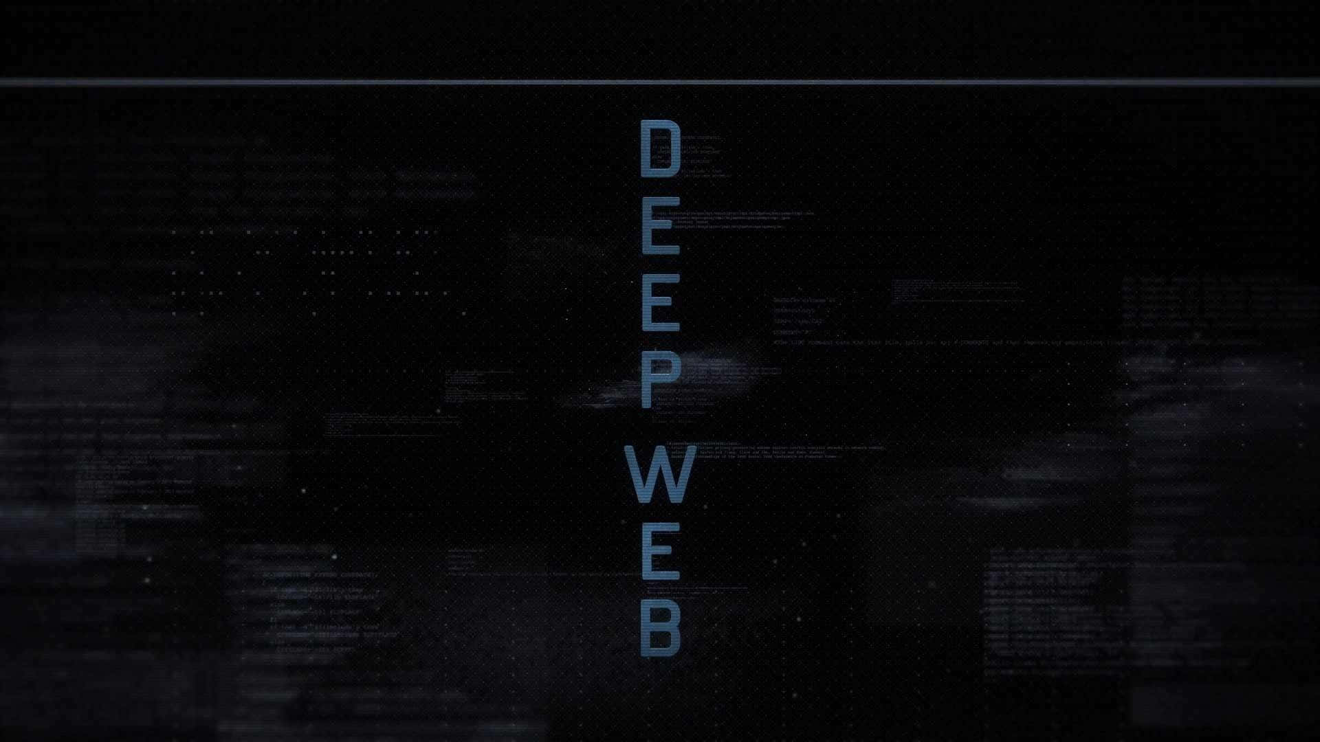 Dark Web 桌布 壁紙 — 「DEEP WEB」這幾個字在充滿故障代碼片段的黑暗數位背景上垂直發出青色光芒。