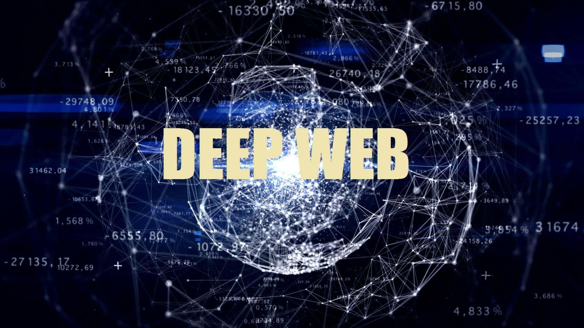 Dark Web 桌布 壁紙 — 「deep web」這幾個字在深藍色數位網路背景下，閃耀著金色光芒，網路中有發光節點和漂浮數字。