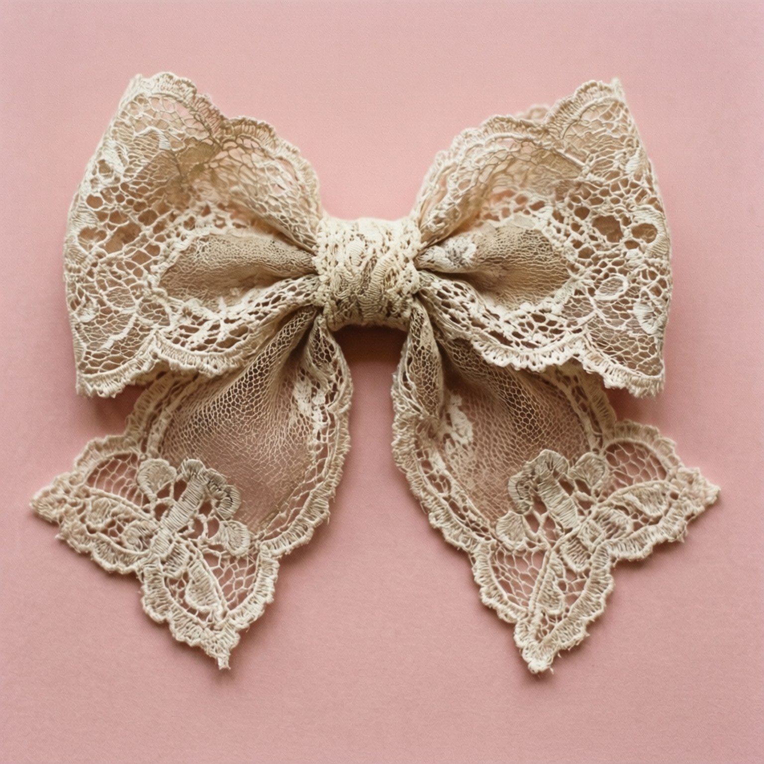 Hair Bow 桌布 壁紙 — 一個精緻的米色蕾絲蝴蝶結，帶有複雜的花卉圖案，放置在柔和的粉紅色背景上。