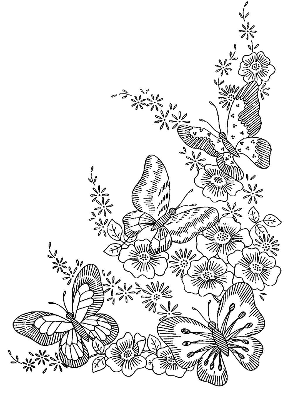  壁紙 — 精緻的黑白線條畫，描繪四隻蝴蝶在盛開的花朵和葉子間飛舞的角落構圖。