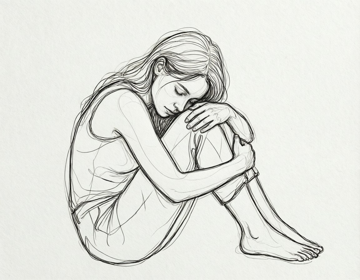 Self-Hug Solace 壁紙 — 一幅精緻的黑白素描，描繪一個蜷縮成胎兒姿勢、頭枕在膝蓋上的女人。