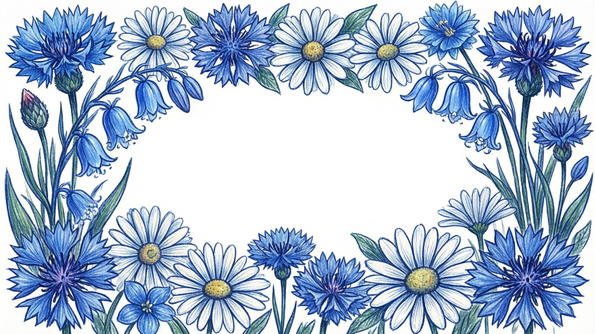 桌布 壁紙 — 精緻的藍白花卉邊框插圖，以雛菊、矢車菊和風鈴草圍繞空白中心。